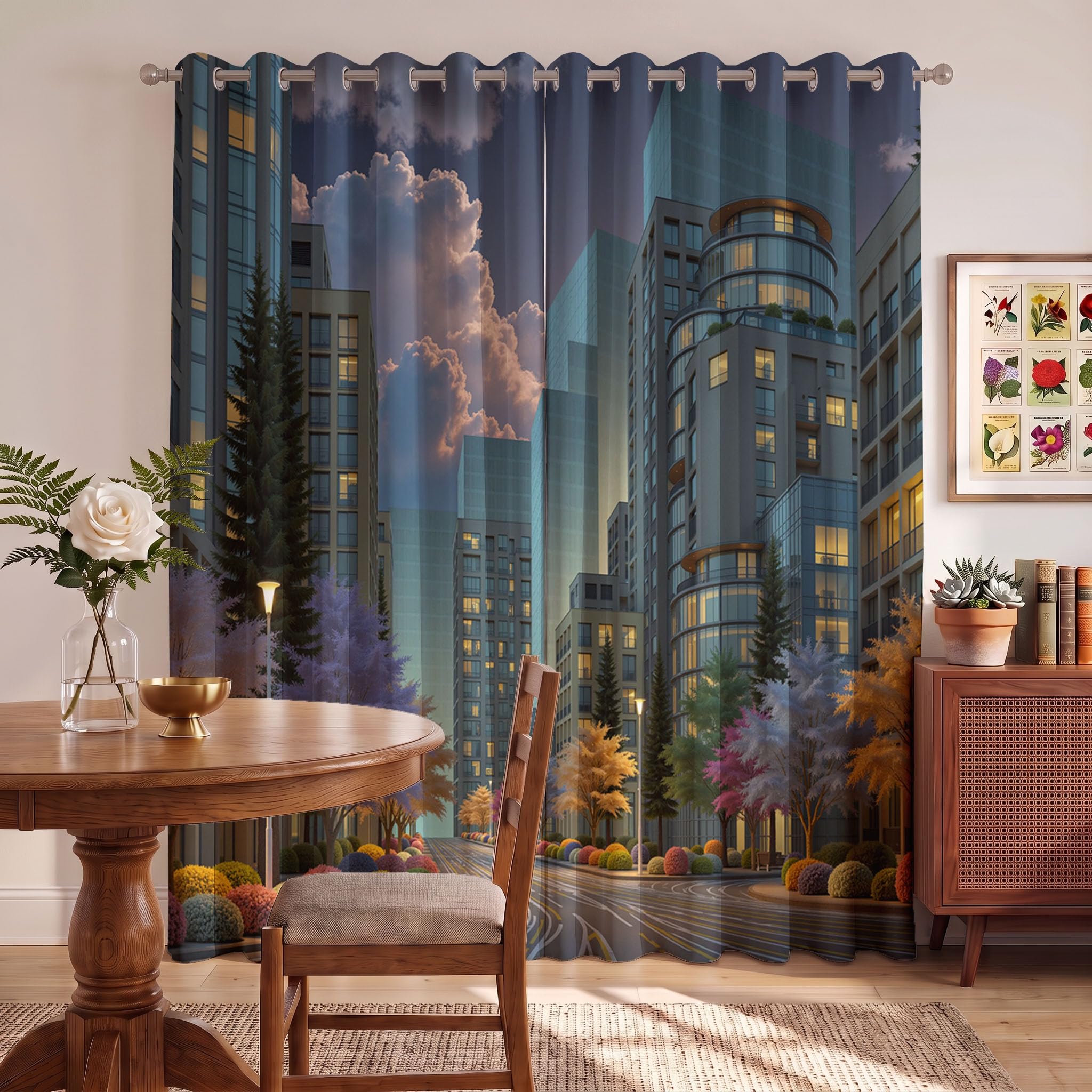 Tende Oscuranti, Scena Urbana Di Strada Tenda Termica con Anelli Finestra Della Stanza a Grattacieli Della Città Dei Sogni per Cameretta dei Bambini, Sala Giochi - 2 Pannelli 117x137cm