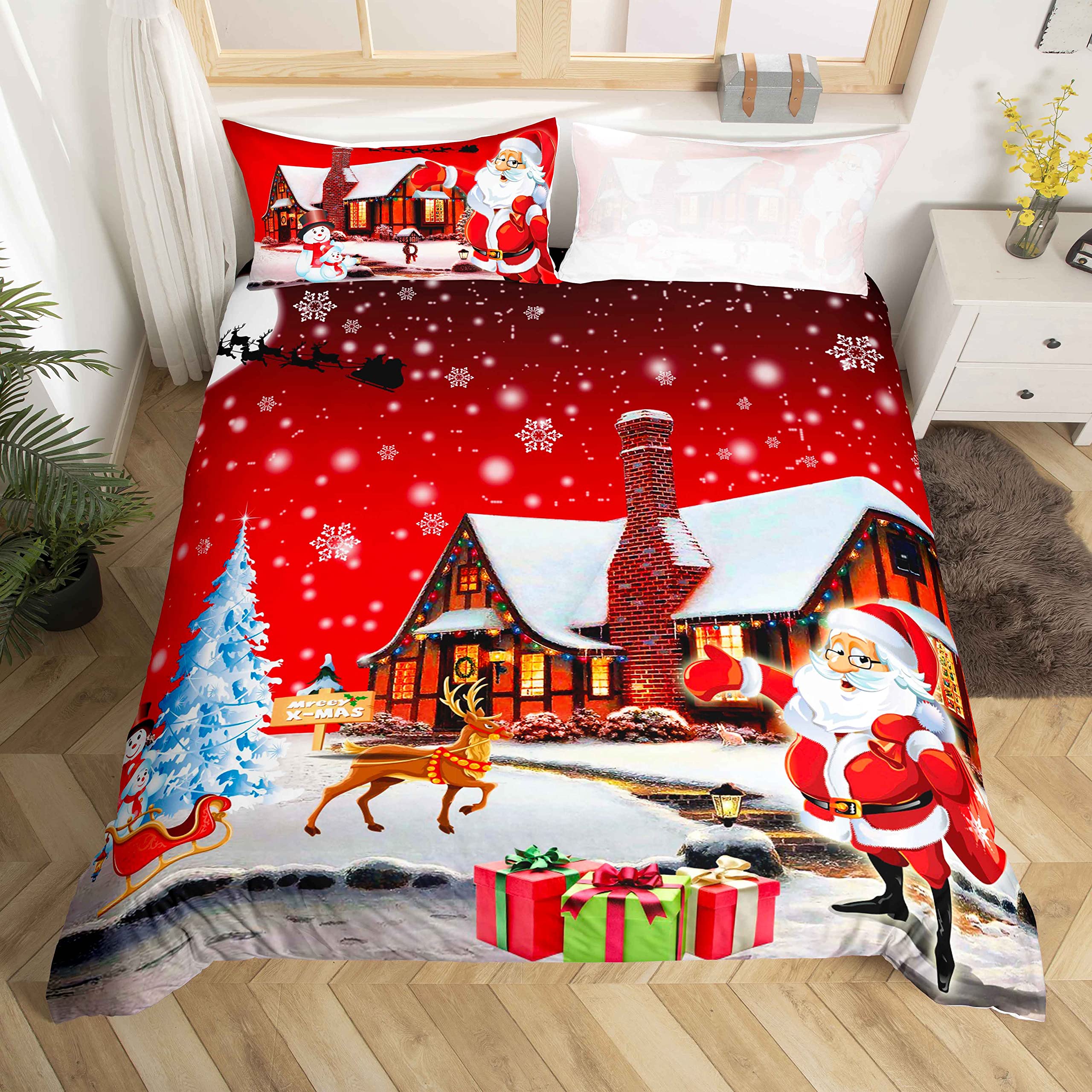 Loussiesd Snowflake Christmas Bedding Set Double Size for Kids Girls Boys Xmas Gift Duvet Cover Set Santa Claus Elk Pattern Decorative Bedclothes Red White with 2 Pillowcase Soft Microfiber Boys — image 1