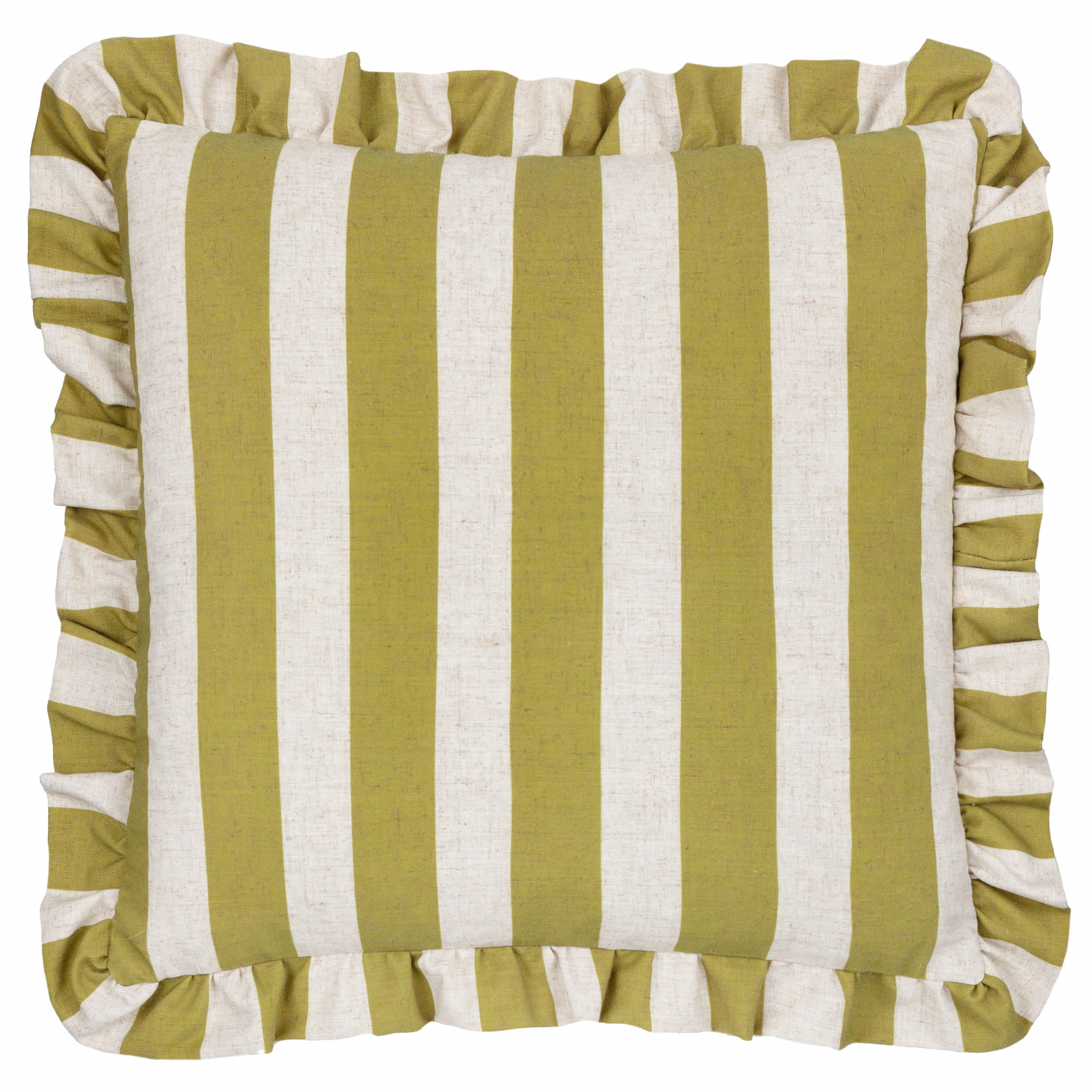 furn. Linen Stripe Printed Ruffle Feather Rich Cushion - Linen/Olive - 50x50cm