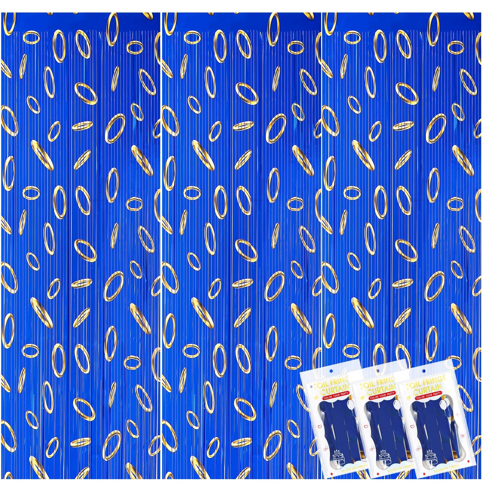 Tingjoo 3 Pcs Blue with Gold Ring Print Themed Birthday Party Supplies Cartoon Tinsel Foil Fringe Curtains Video Games Party Supplies Story Backdrop