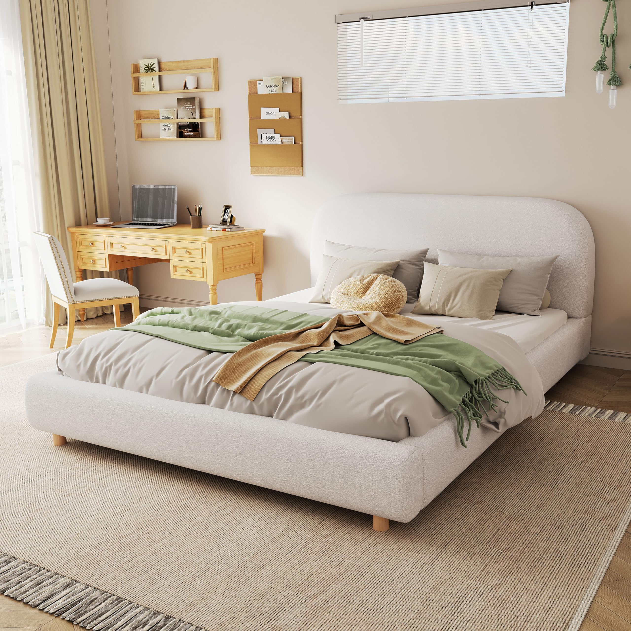 Queen Size Teddy Fleece Thick Fabric Upholstered Platform Bed with Curved Shaped Headboard, Wood Bed Frame with Solid Round Legs for Kids Teens Adults, White