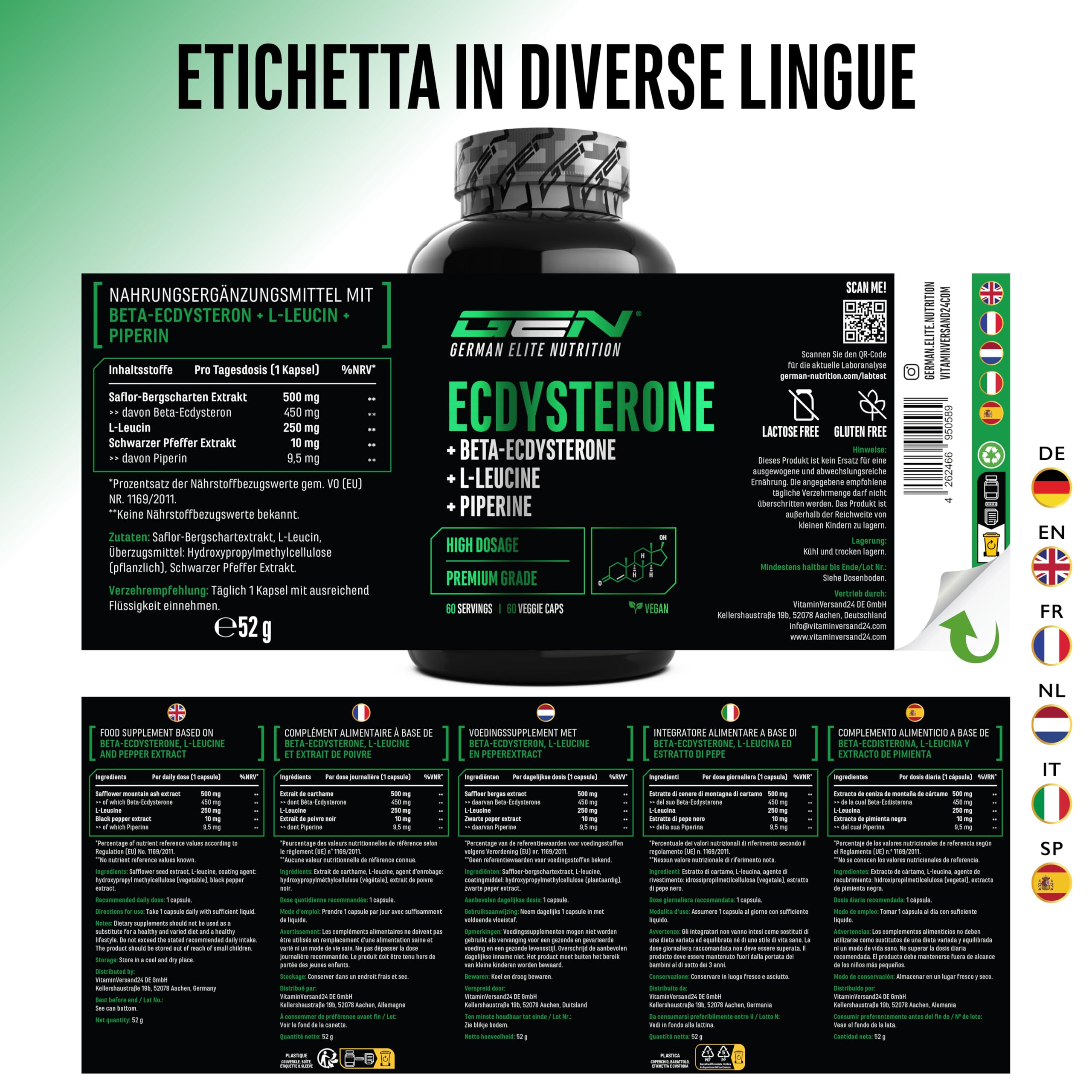 Complesso di ecdisterone - 760 mg per capsula – Con 90% beta-ecdisterone, L-leucina e piperina – Ad alto dosaggio & qualità premium - 60 capsule vegane