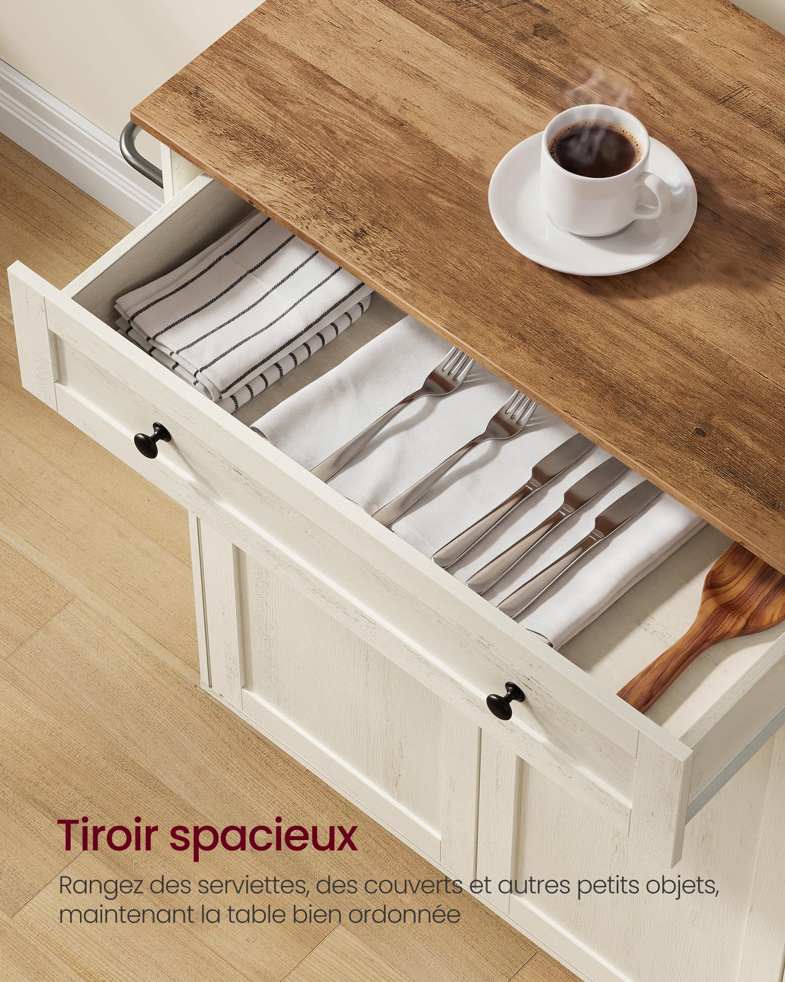 VASAGLE Siren Collection - Desserte Cuisine, Chariot à roulettes, Tiroir, Placard, Îlot de Cuisine, Étagère Réglable, 40 x 78,5 x 89,2 cm, Blanc Rustique et Marron Miel KKI009WJ01