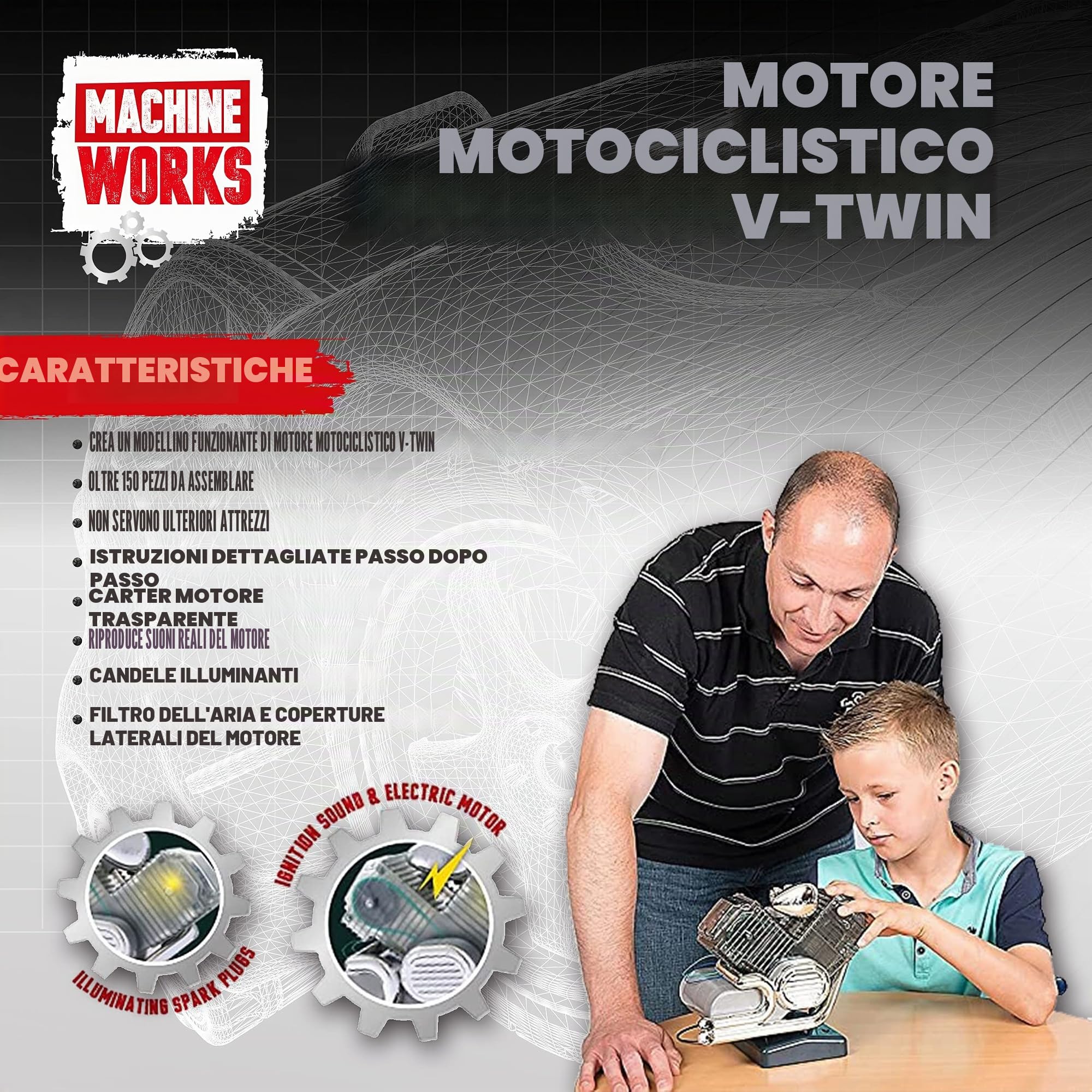 Machine Works Bulld Your Own V-Twin - Kit di costruzione per modellini di moto, con suoni e illuminazione, oltre 150 pezzi, oltre 10 anni