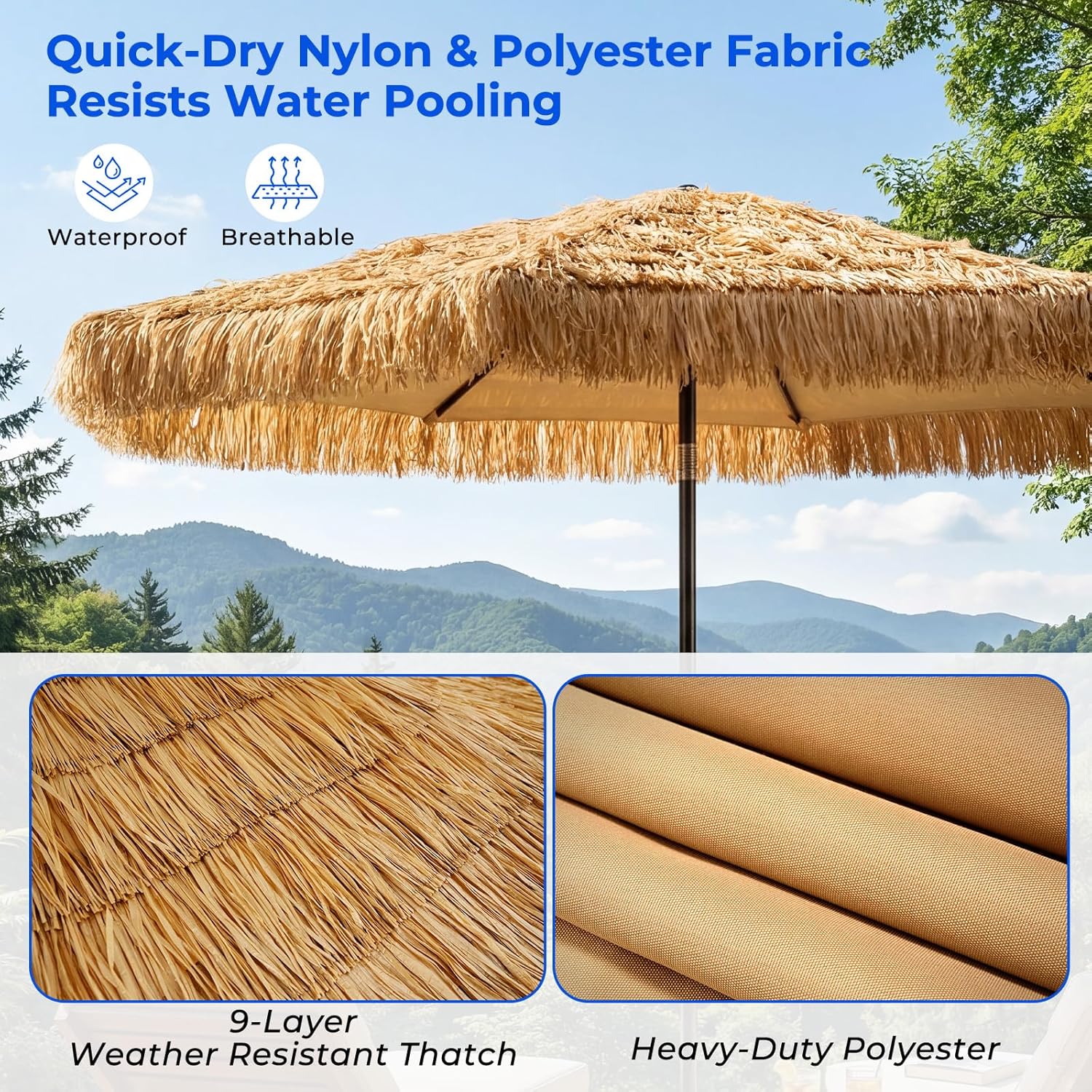 HOMSHADE 9ft Hula Thatched Hawaiian Style Tiki Umbrella with Crank & Tilt, UPF 50+ Nylon Thatch & 220GSM Polyester Canopy, 8 Heavy-Duty Steel Ribs for Outdoor, Patio, Beach, Pool, Backyard, Garden