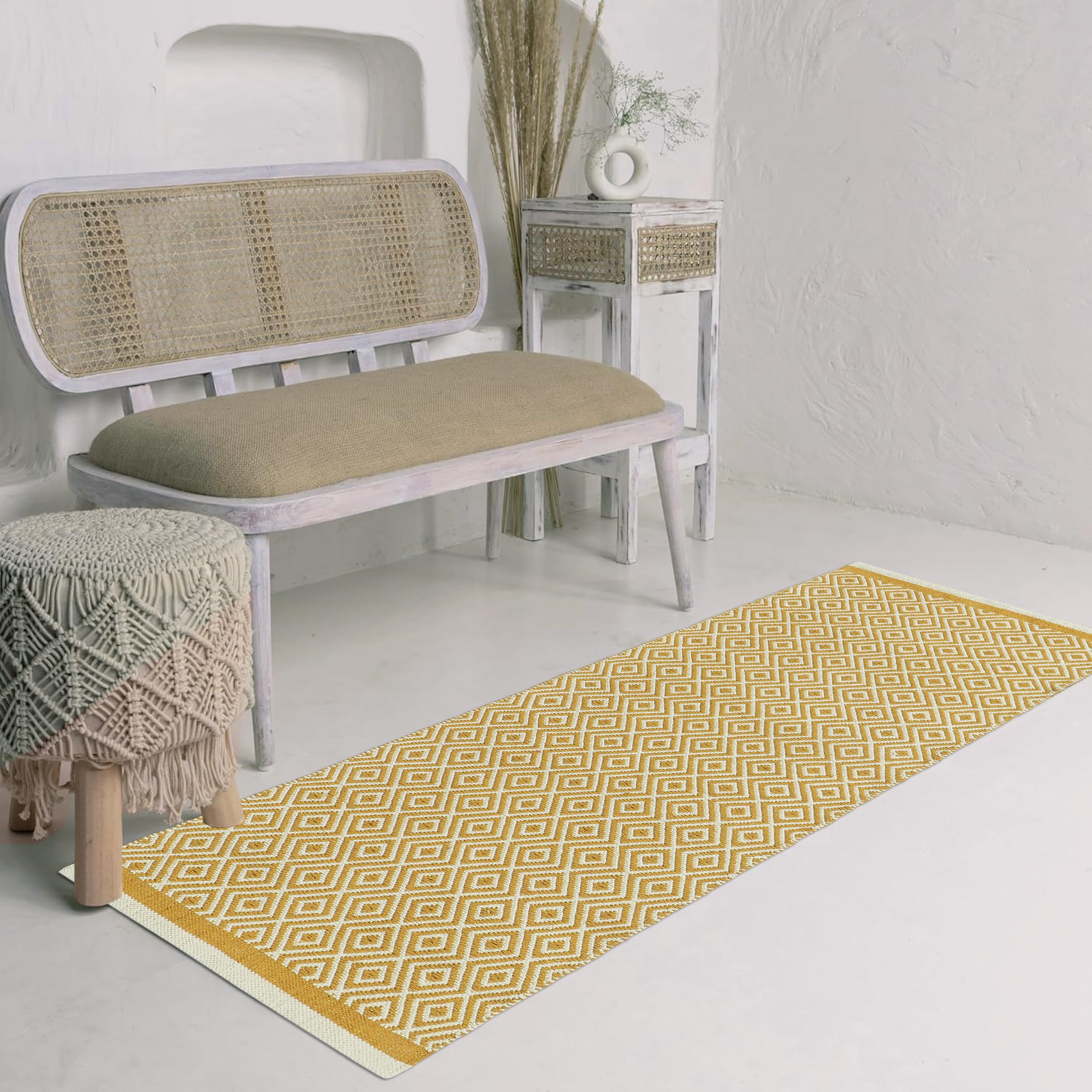 ALSTONIA Handmade Organic Natural Cotton Reversible Yoga Mat/Yoga Rug/Exercise, Workout, & Fitness Rug Made of 100% Cotton Designer Absorbent & Washable,Size- 22x60 Inches (Yellow Diamond)