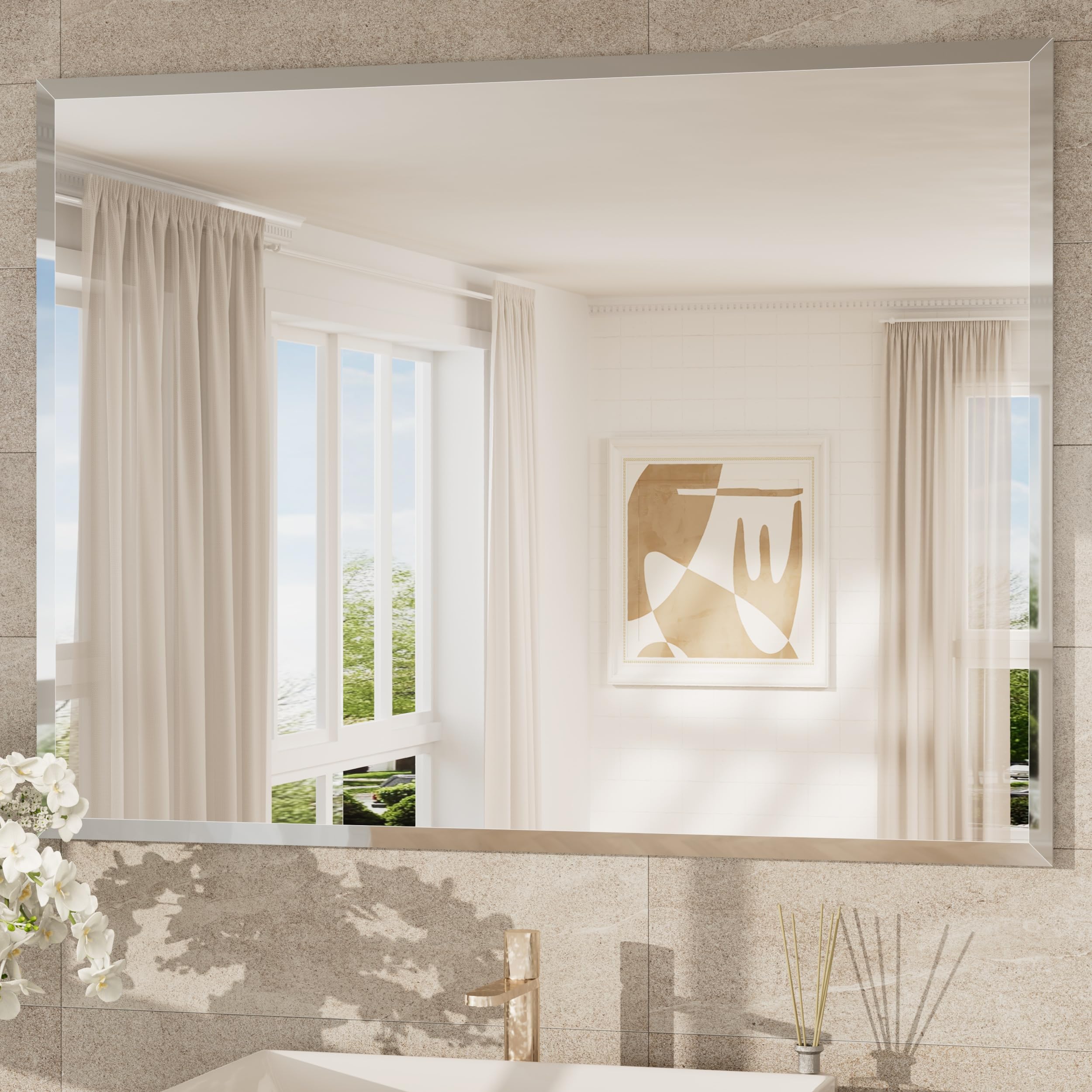 Keonjinn Frameless Bathroom Mirror 120x90cm, Wall Mounted Mirror With Bevelled Edge Design, Rectangular Vanity Mirror for Bathroom, Hallway, Living Room — image 1