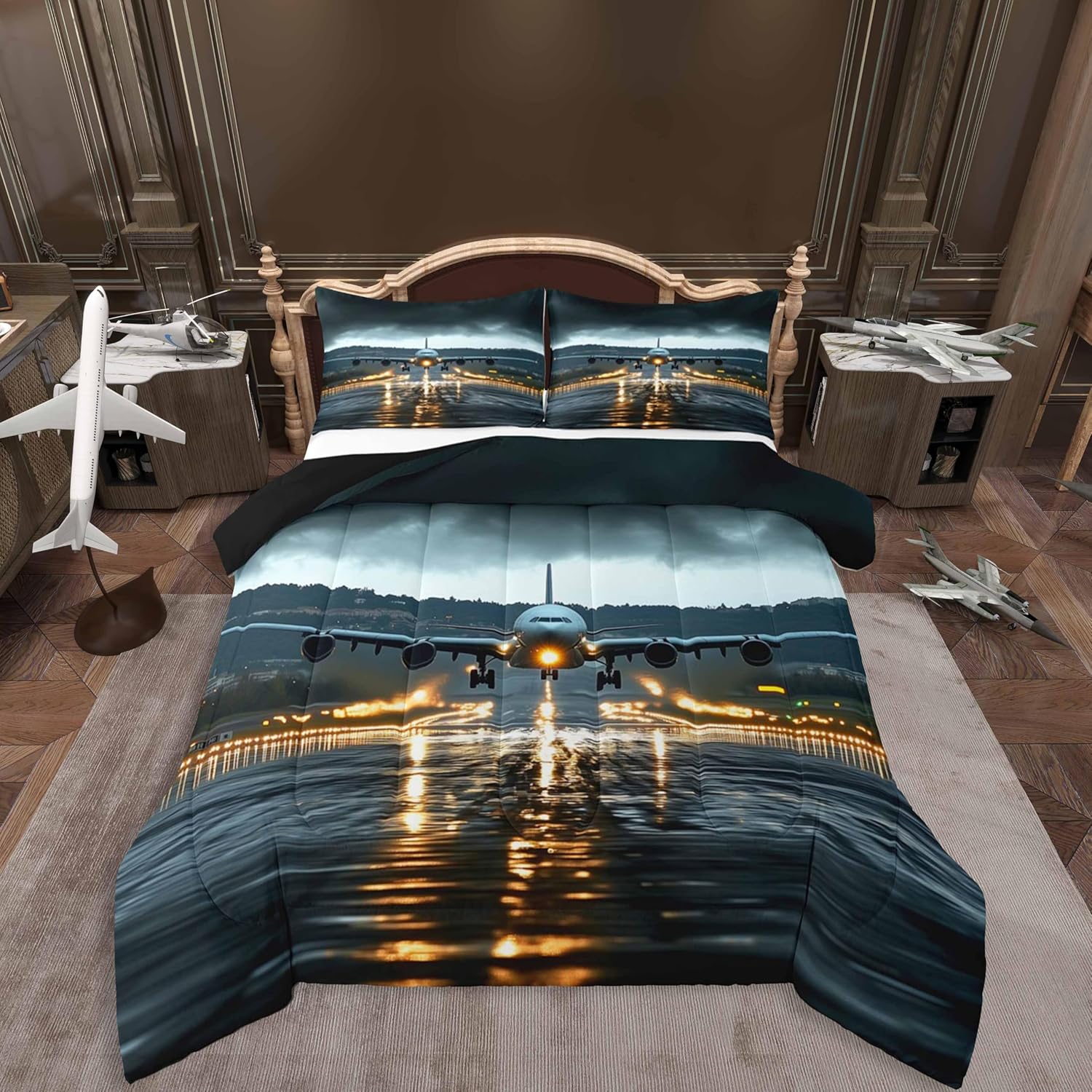Castle Fairy Airport Airplane Bedding Set,Black Clouds Natural Scenery Comforter Set for Kids Teens Adults,Modern Cool 3D Plane Print Comforter Duvet Set with 2 Pillowcases Full Size 3 Pcs