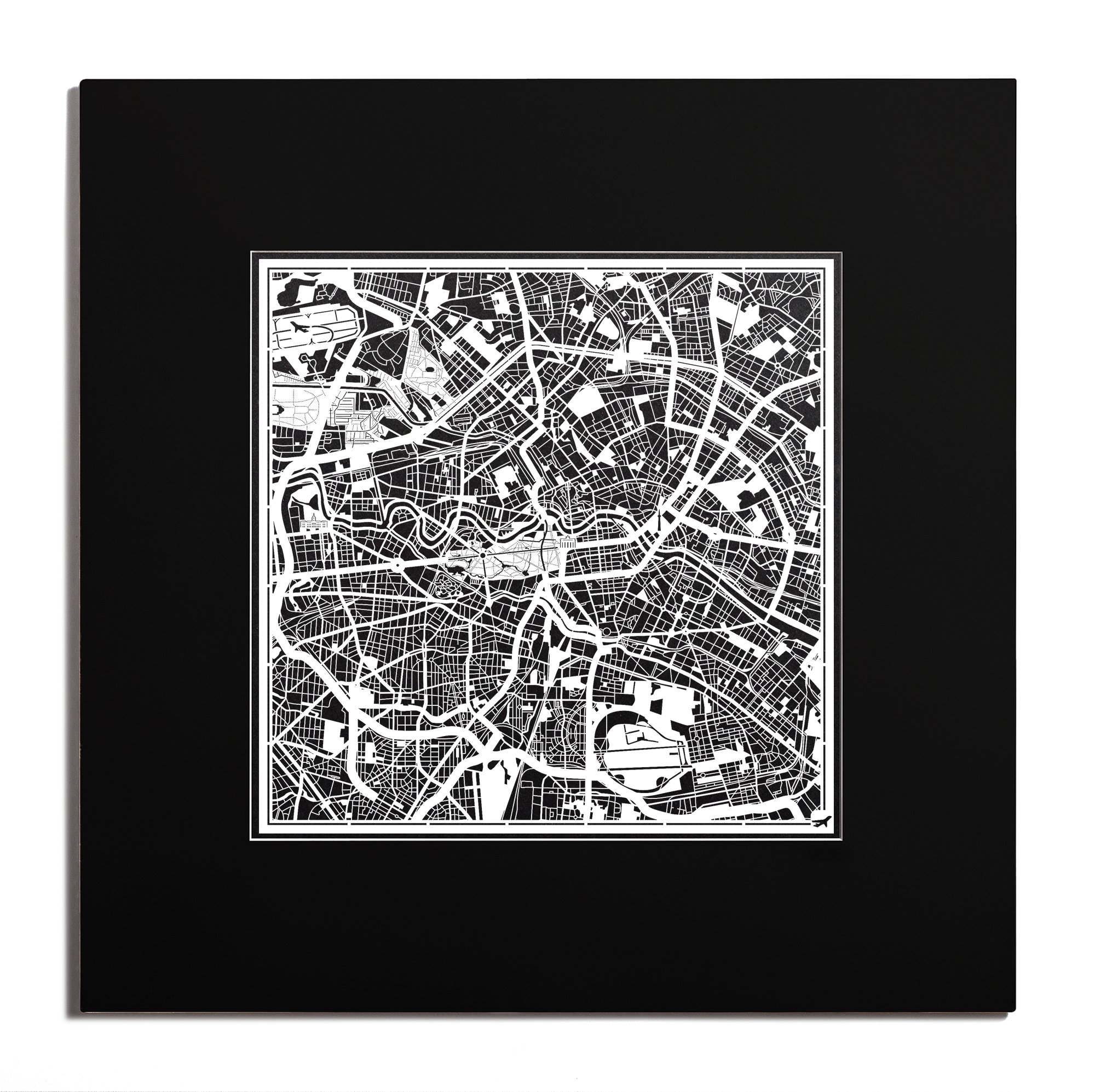 O3 Design Studio Berlin Paper Cut Map Matted Black 20x20 inches Paper Art