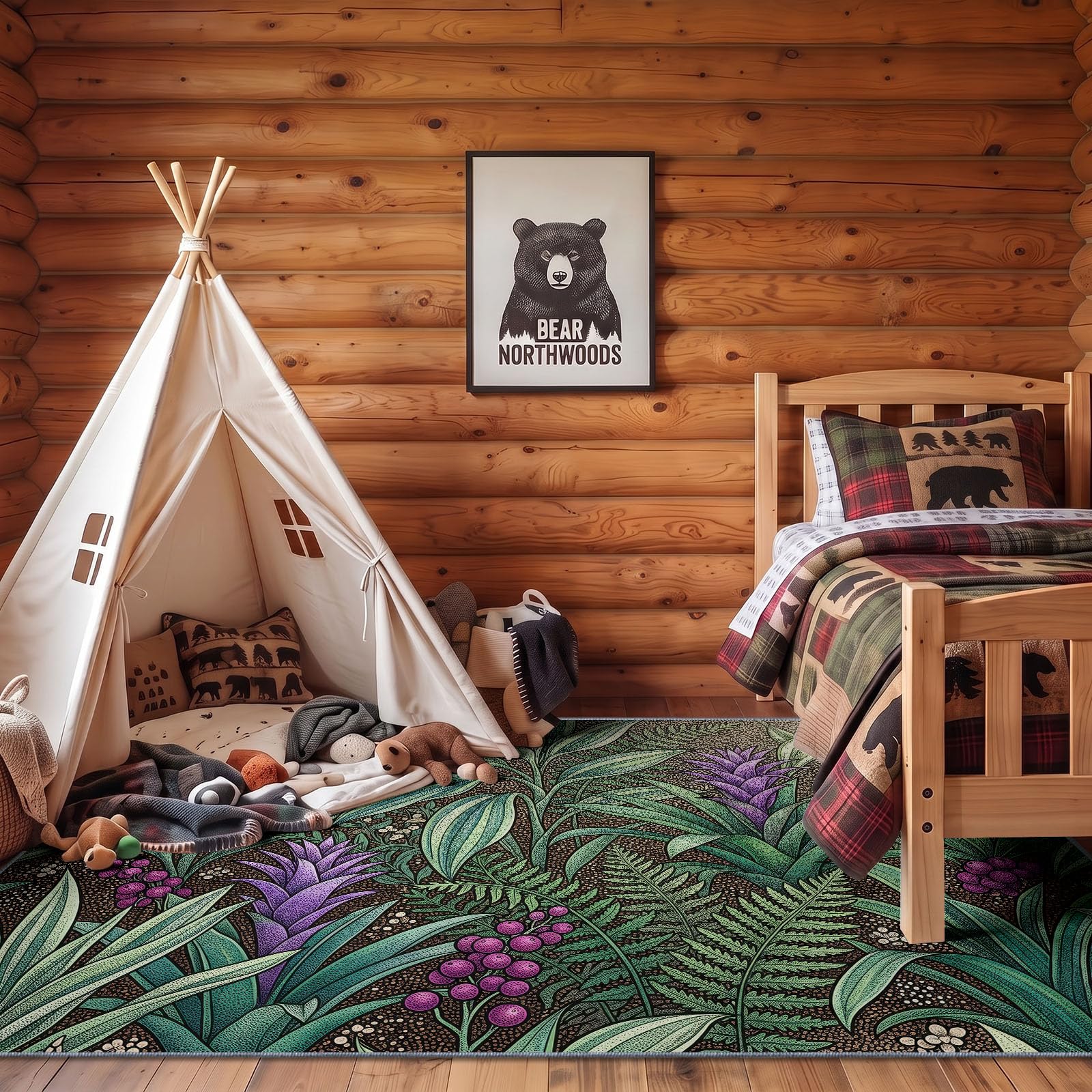 Tapis Poil Ras Salon Illustration Tropicale Doux Moquette Chambre 80 x 150 cm, Lavable Descente De Lit Vert pour Cuisine, Salle à Manger, Bureau Couloir-Tapis Forêt Tropicale Humide Fougères Plantes