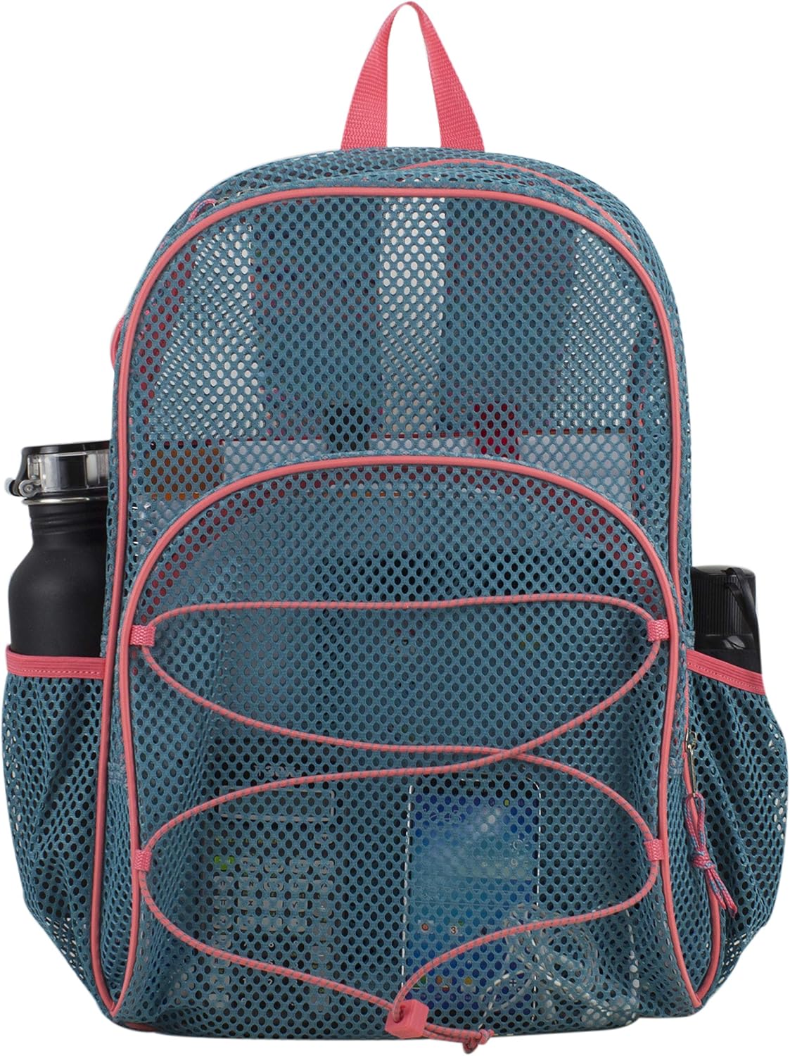 Eastsport Mesh Backpack Heavy Duty See-Through Semi-Transparent with Bungee for Adults, College, Beach, Sporting Events, and Travel - Aqua Haze/Coral