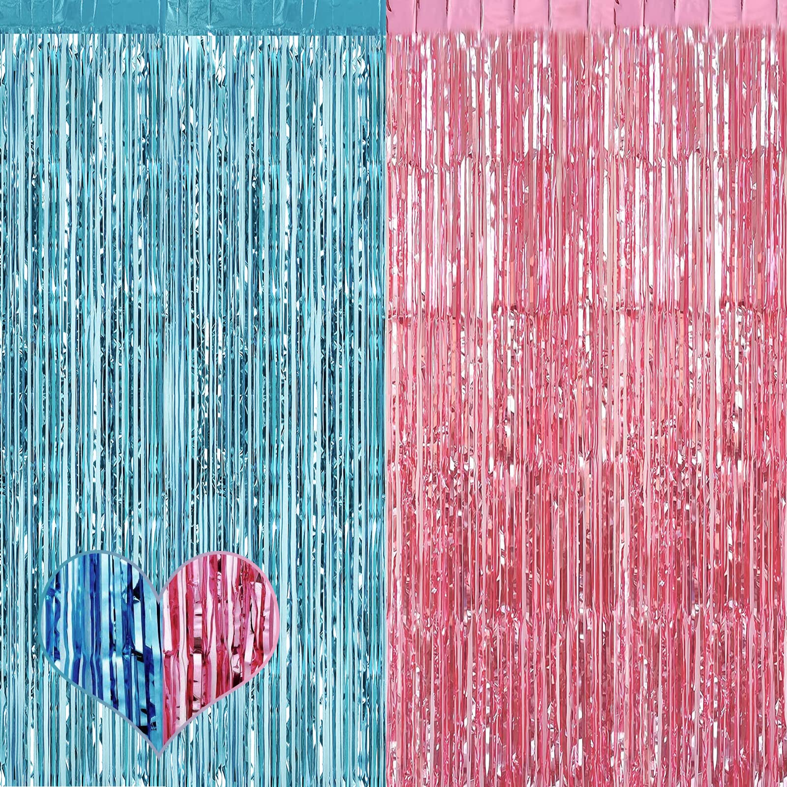 4 Pack 3.2Ft x 8.2Ft Pink Blue Fringe Curtain Backdrop, Metallic Tinsel Foil Fringe Streamers Curtains Background for Photo Booth Wedding Gender