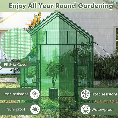 Miniatura 7 de S AFSTAR Invernadero para caminar, 4.8 x 4.8 x 6.4 pies, casa verde con 2 estantes de malla de 8 niveles y puerta enrollable con cremallera,