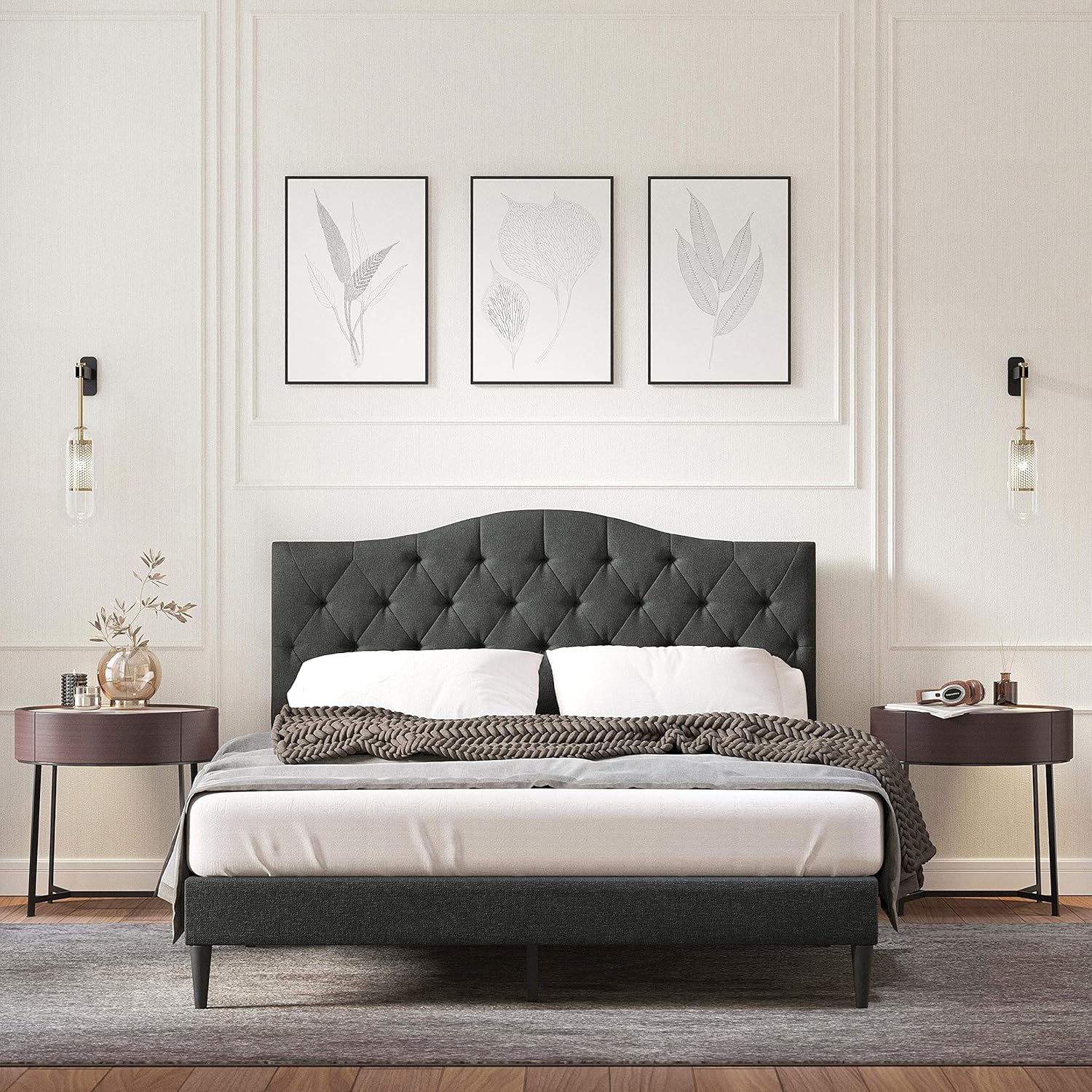 Glenwillow Home OROS Upholstered Platform Bed Frame/Tufted Camelback/Mattress Foundation/Wood Slat Support/No Box Spring Needed/Easy Assembly, Gray, Queen