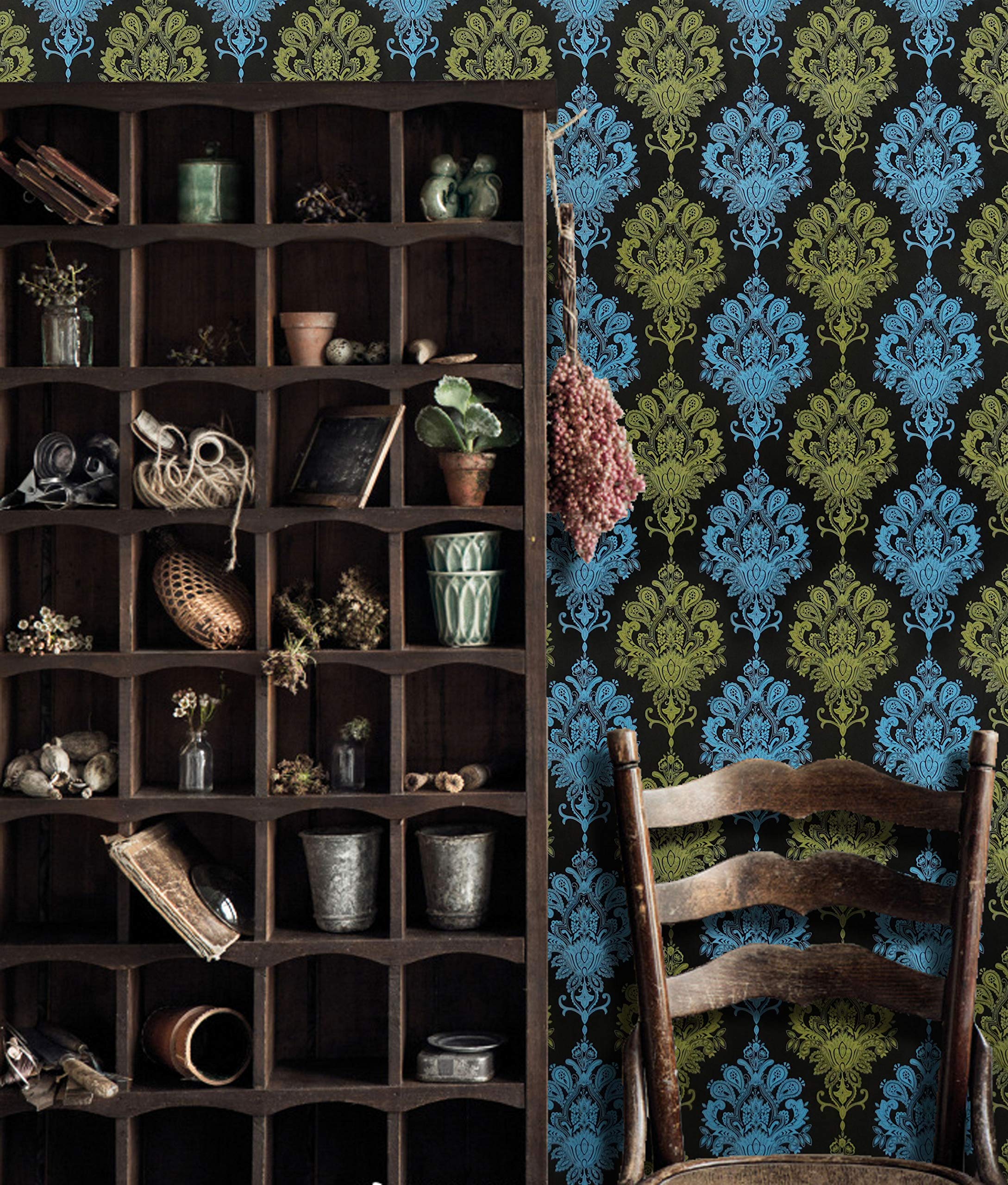 Timeet Yellow and Blue Floral Wallpaper Decorative 17.7''x6.5' Black Self-Adhesive Film Shelf and Drawer Liner Flower Wallpaper Peel and Stick Wallpaper Removable Cabinet Drawer Covering Vinyl Roll