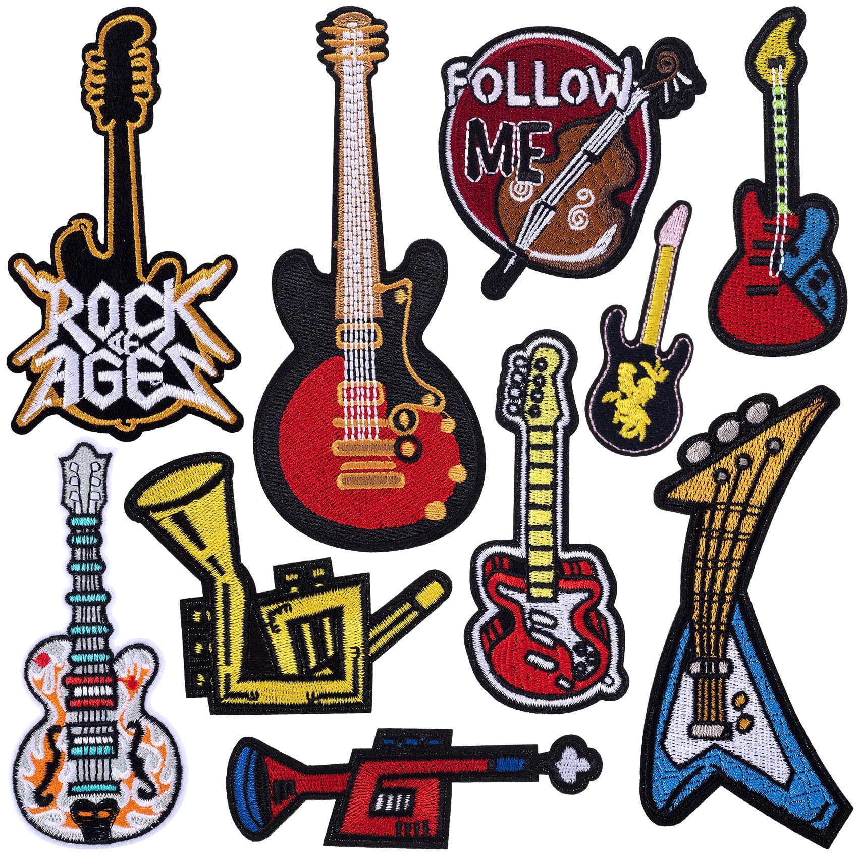 Azonee Iron on Music Guitar Patches Hip hop Music Series Embroidery PatchSewing on Applique Patches for Clothes Dress Hat Pants Shoes Curtain DIY Embroidery Patch Sewing Craft Decoration 10 Pcs