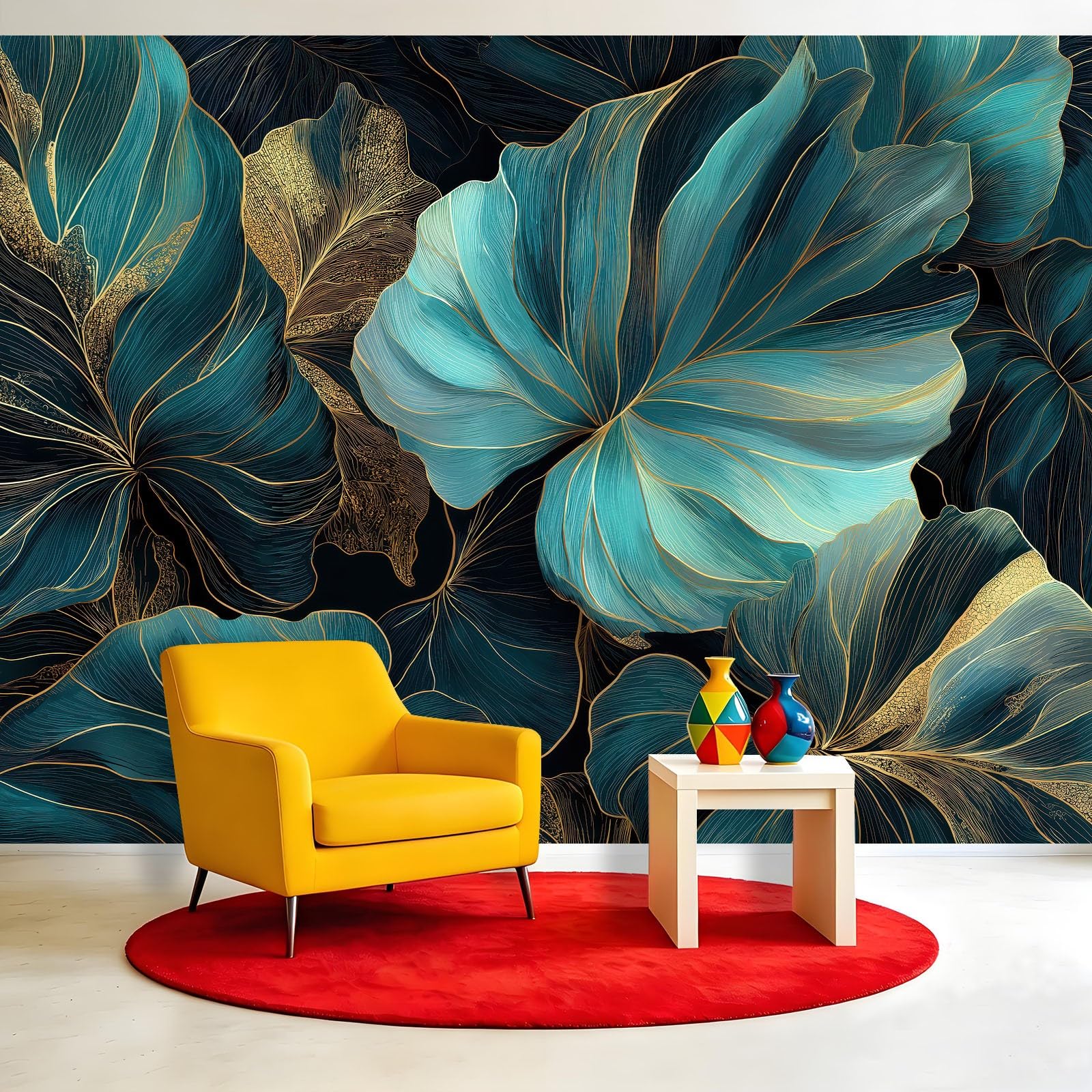 Fototapeta do salonu, rośliny, liście, złote linie, 300 x 210 cm, nowoczesny design, druk 3D, tapeta na flizelinę, tapeta ścienna do sypialni, pokoju dziecięcego, tło TV, tapeta z włókniny
