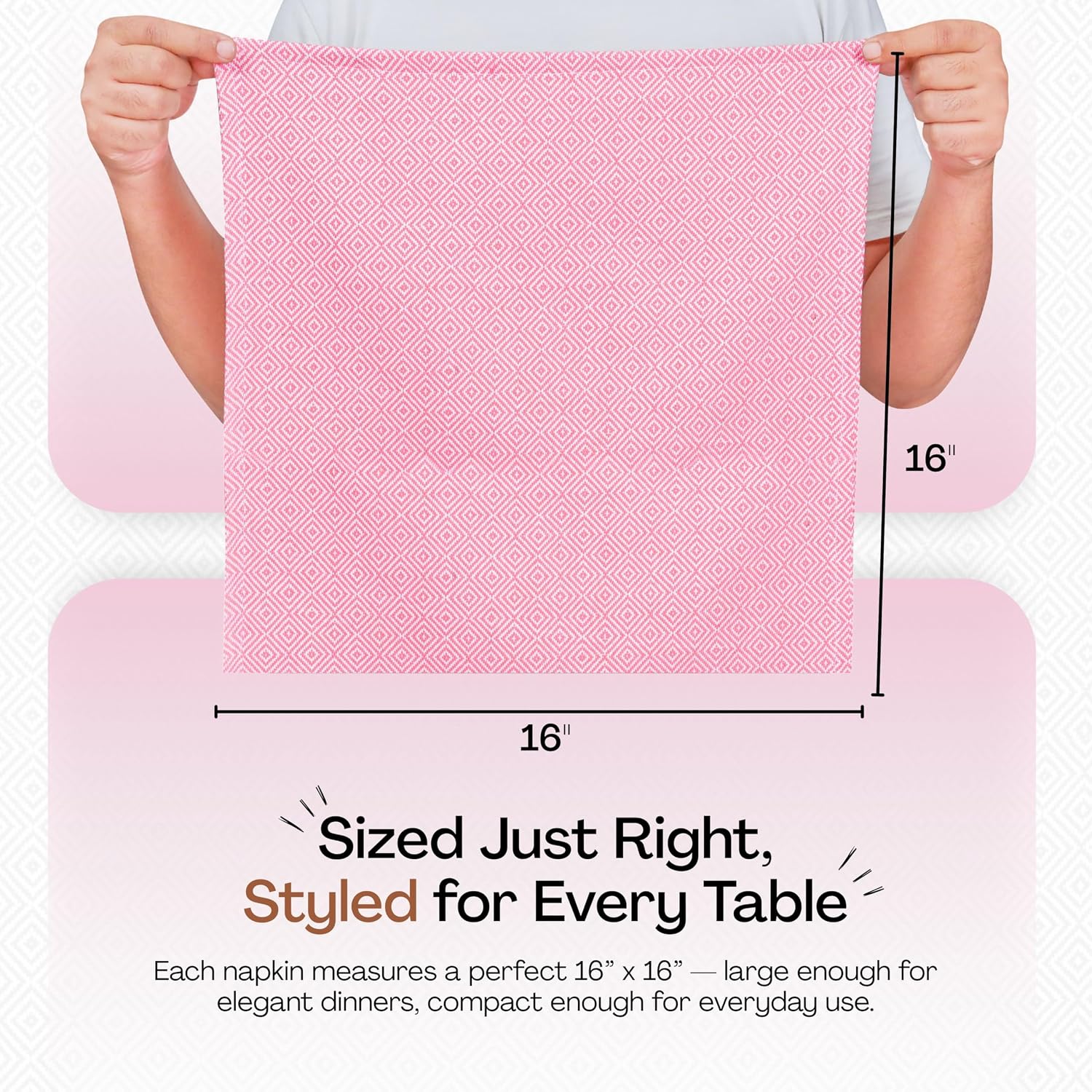 Pink Diamond Weave Cloth Napkins Set of 12, 16x16 Inch, 100% Cotton, Soft & Durable Fabric Table Linen for Events, Dinner Gatherings, Everyday Dining & Special Occasions