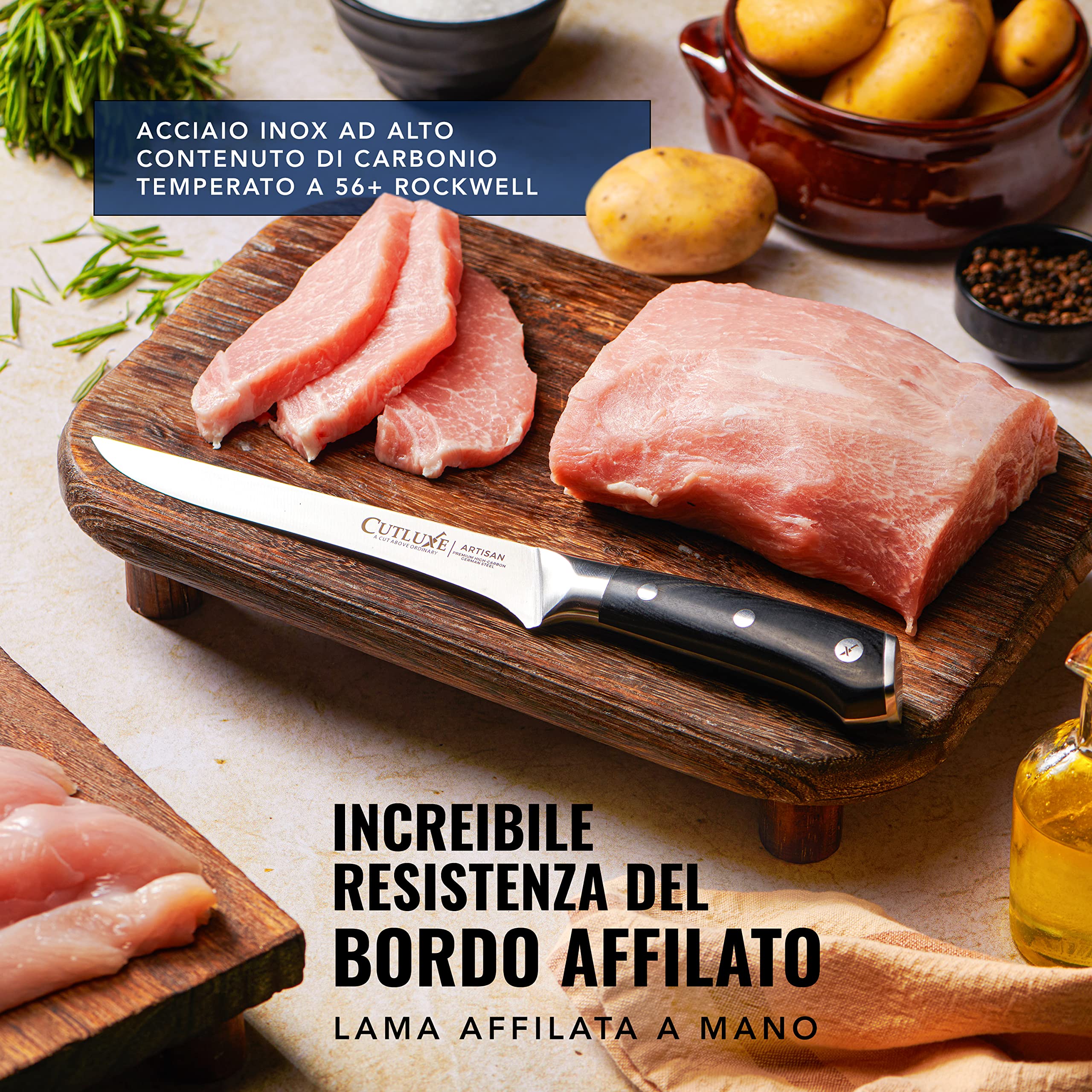 Cutluxe Coltello da Disosso Professionale, 15cm, Coltello per Sfilettare Pesce e Carne, Acciaio al Carbonio, Lama Affilata e Resistente, Artisan Series
