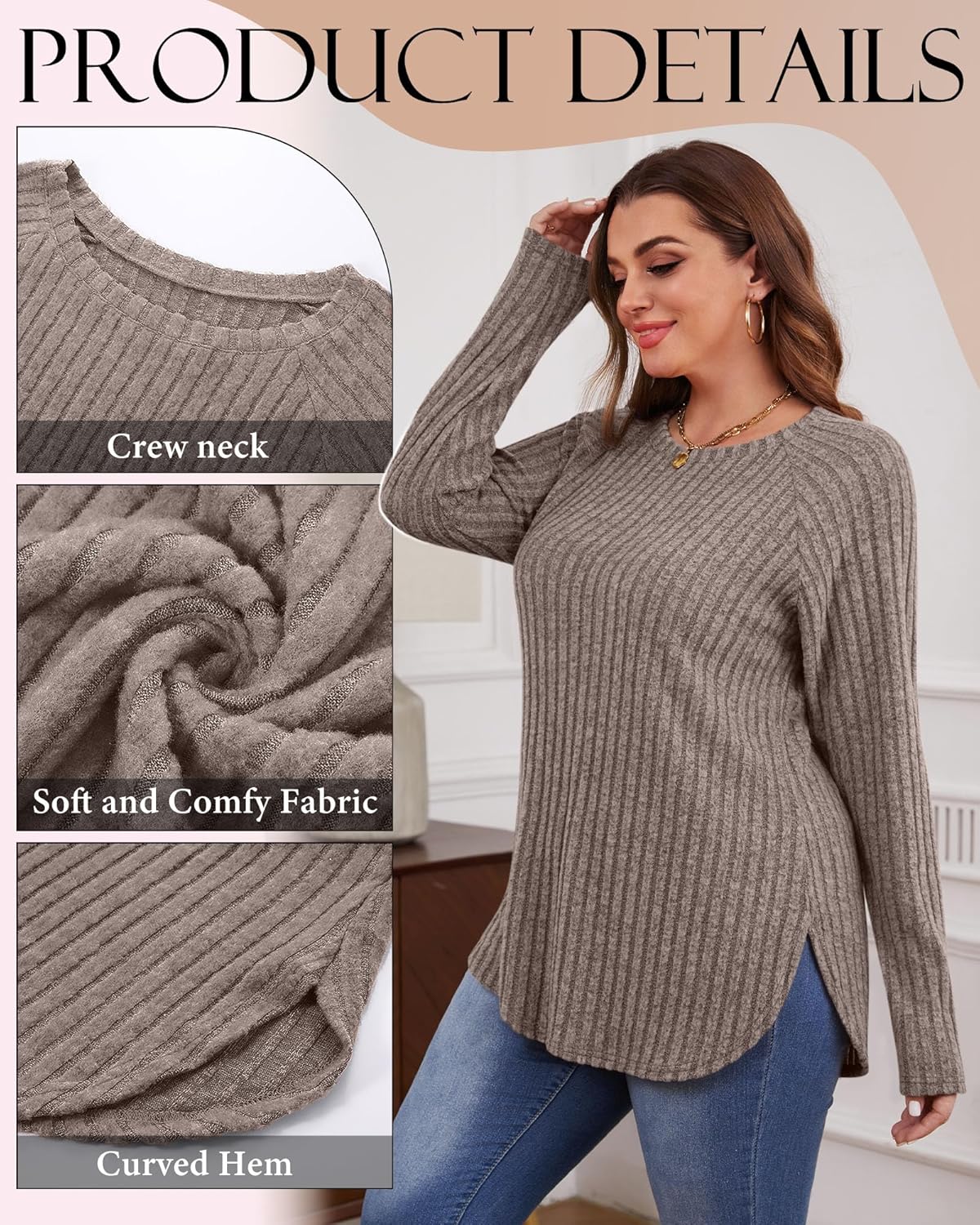 Ficerd 3 Pack Plus Size Tunic Tops for Women, Long Sleeve Women's Sweaters Curved Hem Side Split T-Shirts Crew Neck Pullover - Image 4