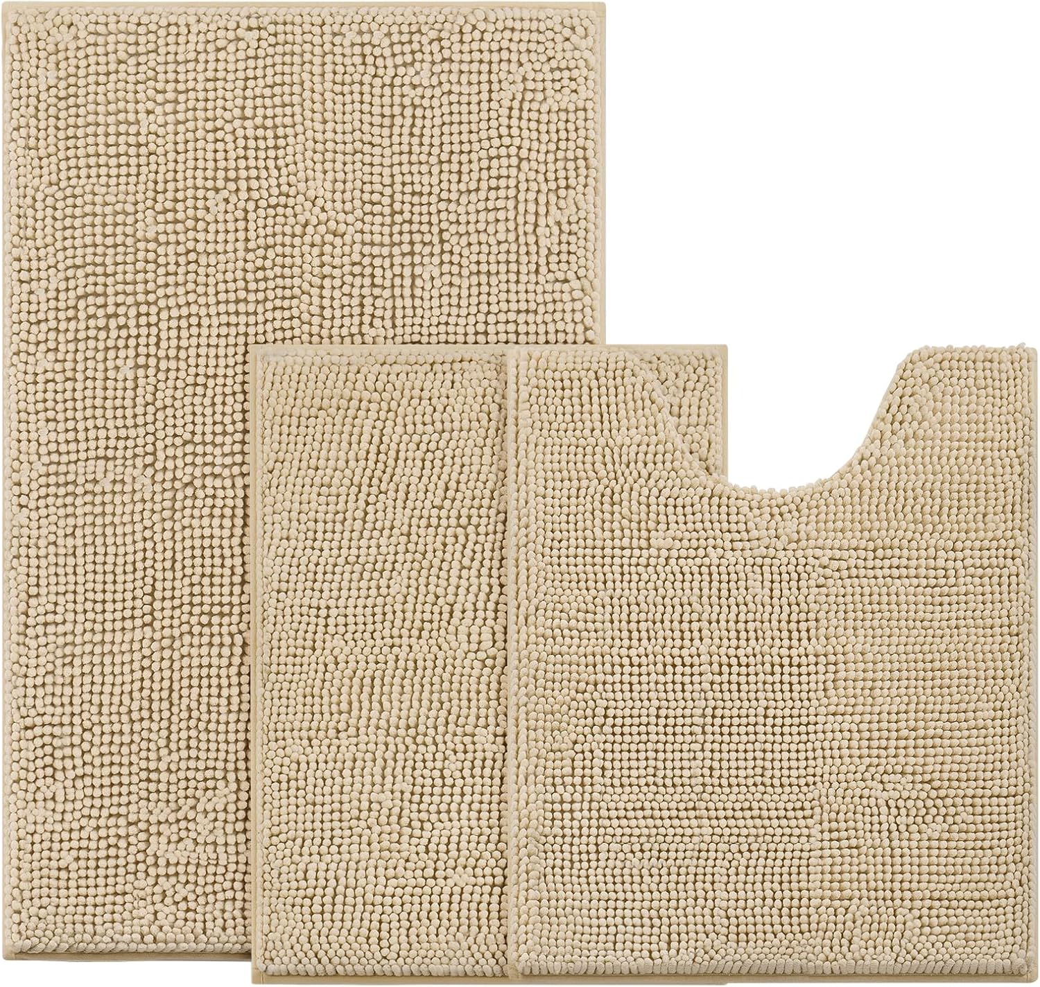 BYSURE Beige Bathroom Rugs Sets 3 Piece Non Slip Extra Absorbent Plush Chenille Soft Washable Bath Mats 1'5" x 2'8" (Rectangular x2, U Shape x1) Beige