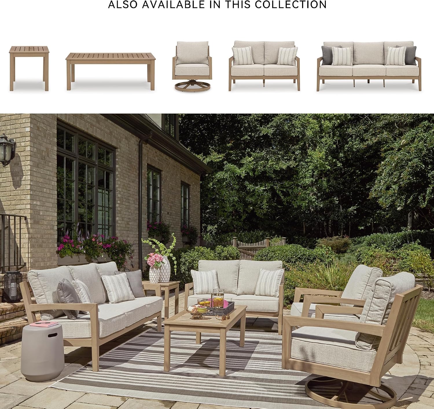 BOWERY HILL Coastal Driftwood Outdoor Loveseat with Cushion, 52" W x 36" D x 37" H, Plastic Frame, Light Gray Upholstery, Solution-Dyed Fabric, UV-Resistant, Weather-Resistant, 2-Person Seating with