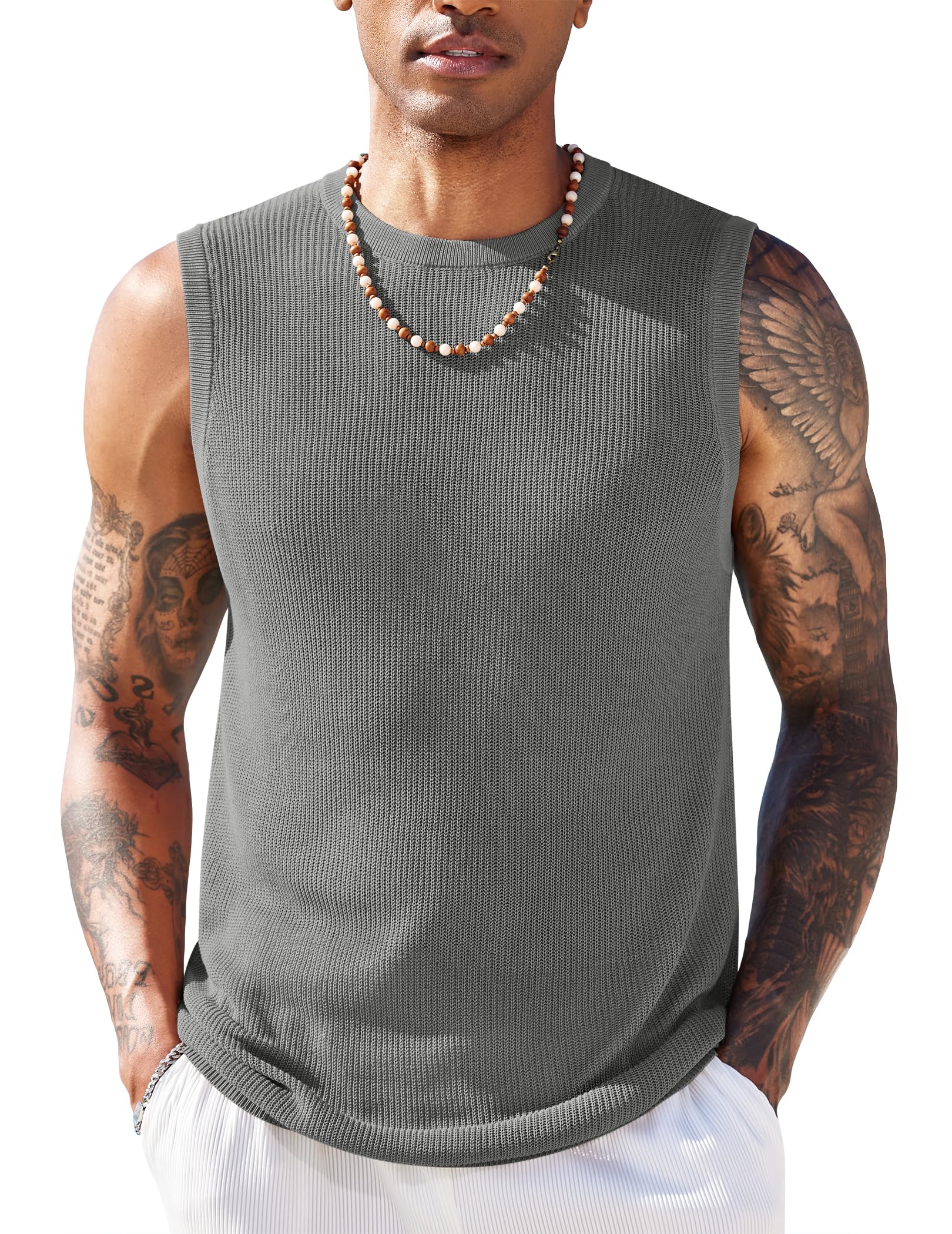 COOFANDY Mens Casual Knitted Tank Tops Crew Neck Sleeveless Muscle T Shirts Summer Beach Tops