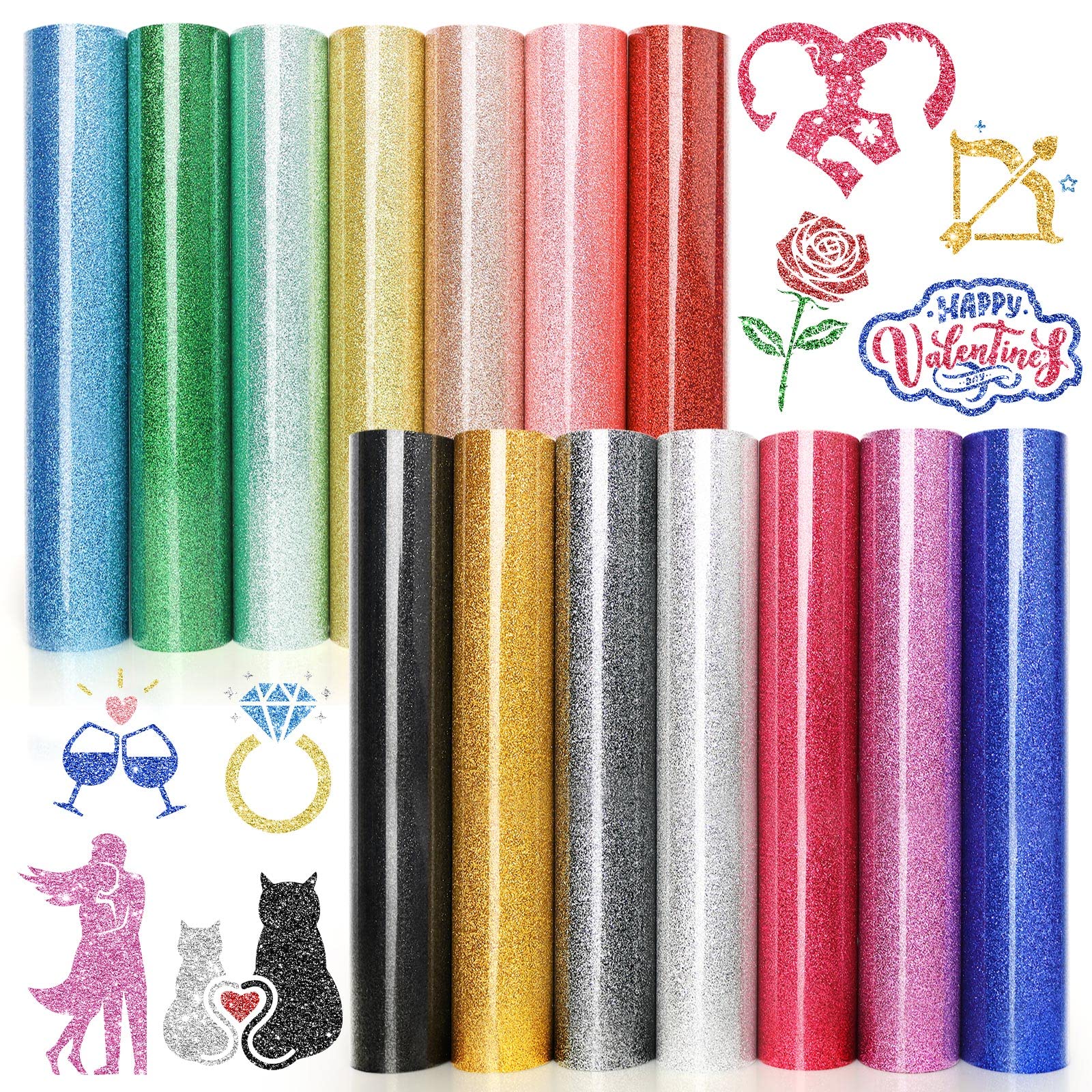 Glitter Heat Transfer Vinyl HTV - 14 Pack 12"x10" Iron On Vinyl for Cricut, Silhouette Cameo or Heat Press Machine, Christmas Decorations Shirts Dress, 14 Assorted Colors HTV Glitter Heat Press Vinyl