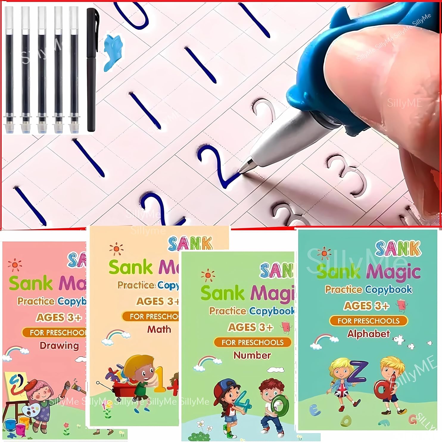 SILLYME Sank Magic Book For Kids 2-5Years – 4 Books +1 Pen+10Refill- Sank Magic Practice Copy Book For Kids 2-5 Years – Reusable Magical Book Drawing Alphabet Writing Practice Book, Multicolor SILLYME Sank Magic Book For Kids 2-5Years – 4 Books +1 Pen+10Refill- Sank Magic Practice Copy Book For Kids 2-5 Years – Reusable Magical Book Drawing Alphabet Writing Practice Book, Multicolor