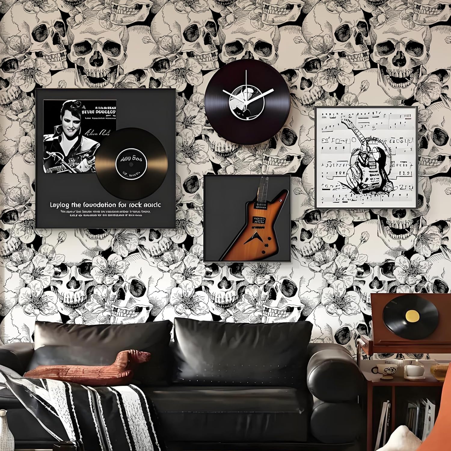 Peel & Stick Sugar Skull Wallpaper Black and White Removable Wall Paper Decor with Floral Patterns Waterproof Vinyl Contact Paper for Bedroom Office 17.5"x196.8", DIY Dark Aesthetic