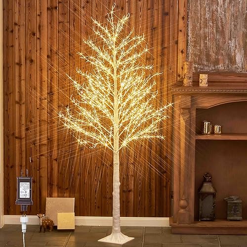 Hairui Árbol blanco iluminado con 690 luces de hadas blancas cálidas de 6 pies, árbol de Navidad blanco con luces para interiores y exteriores,