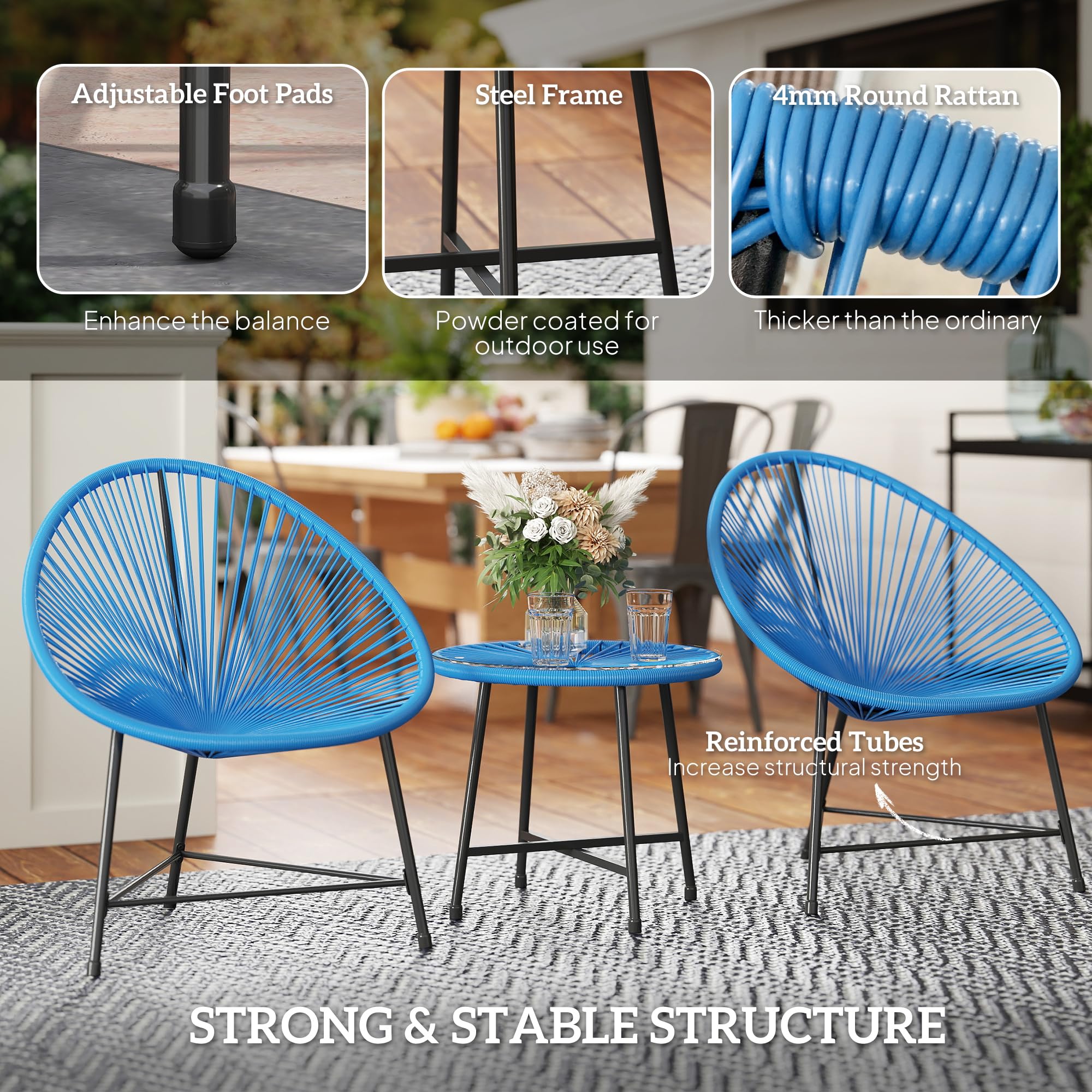 Outsunny Set de Exterior Jardín Mimbre 2 plazas Azul | Mesa de exterior con 2 sillas, sobre de vidrio templado, muebles de jardín para balcón terraza patio