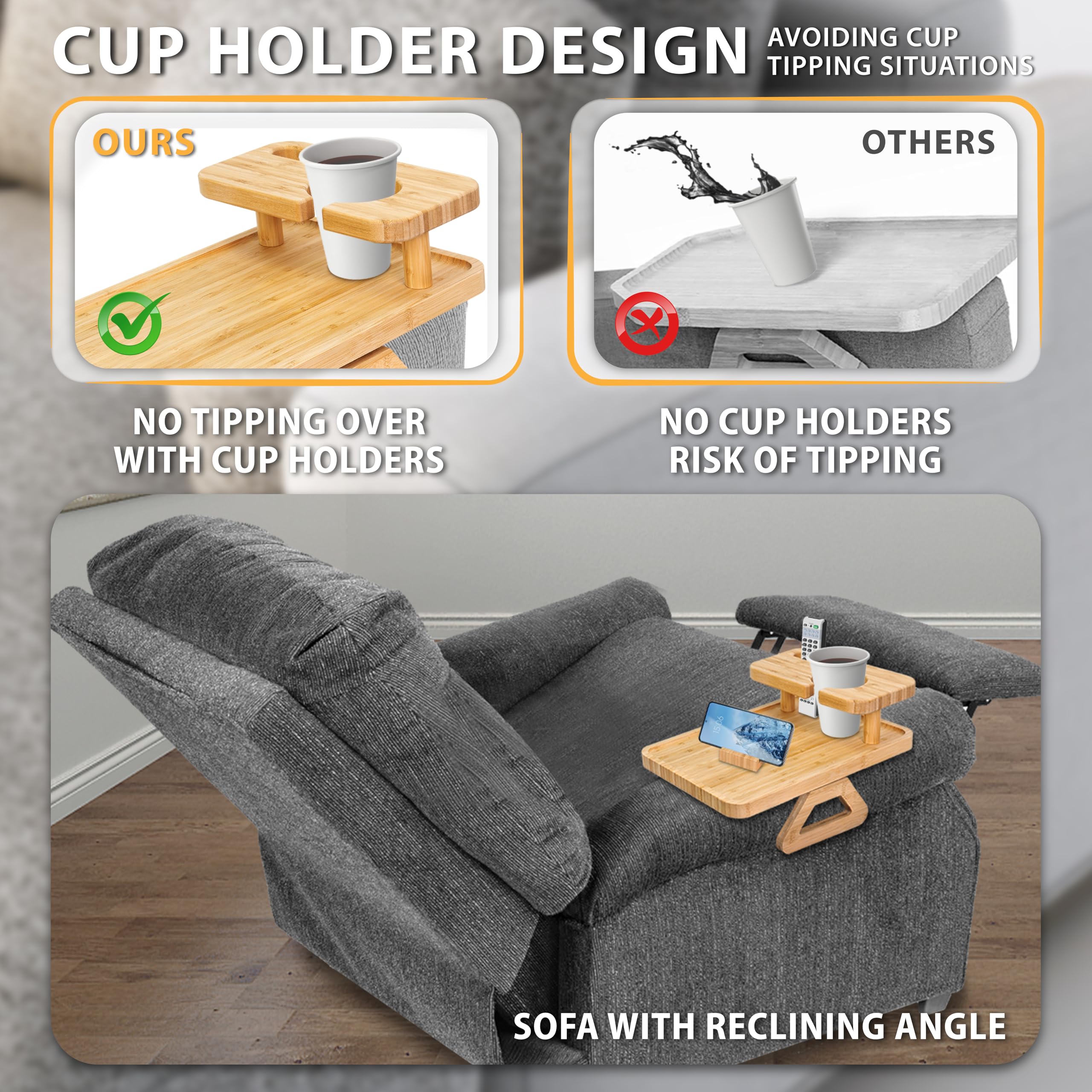 Bamboo Couch Arm Tray Table, Double Layer Sofa Clip on Tray Table with Cup Holder and Phone Holder, Sofa Armrest Tray for Eating Drinks Snacks