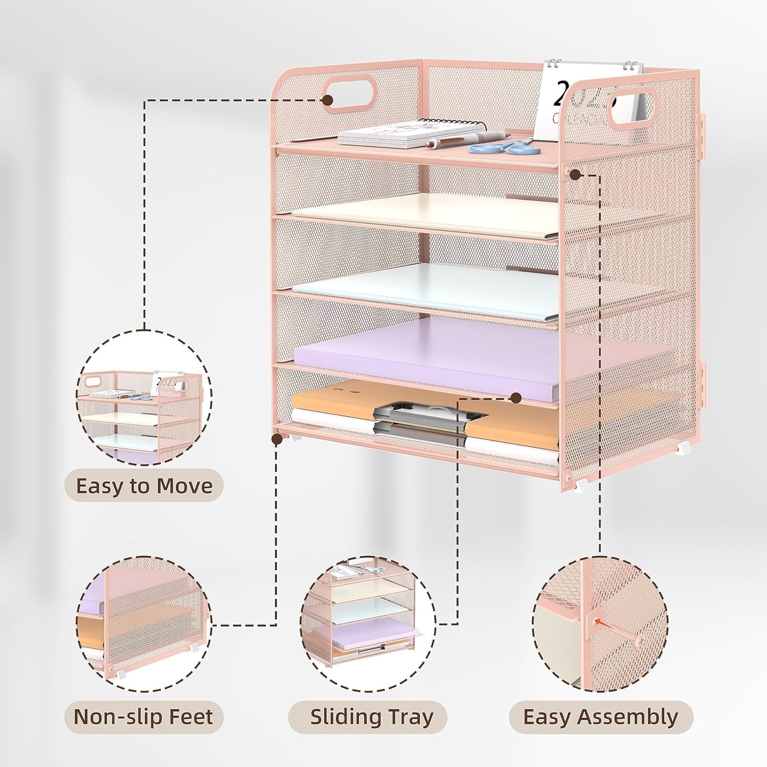 2 Pack 5-Tier Pink Desk Organizer with Handle Mesh Desk File/Paper Organizer Letter Tray for Office, School and Home Easy Installation