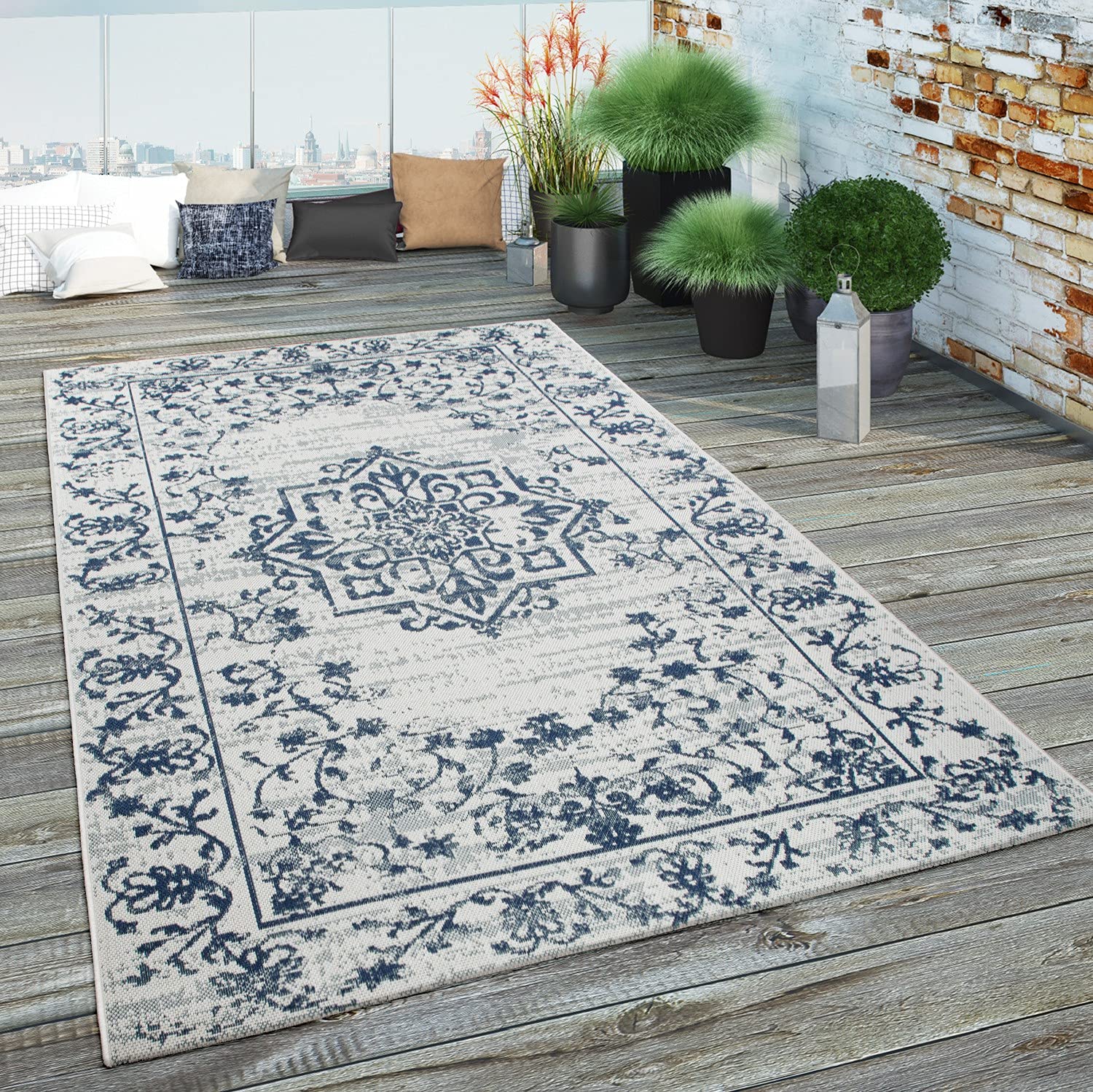 Paco Home Outdoor Teppich Wetterfest Wohnzimmer Balkon Küchenteppich Schlafzimmer Boho Moderne Sisal Optik Geometrische Muster, Grösse:120x170 cm, Farbe:Blau 3