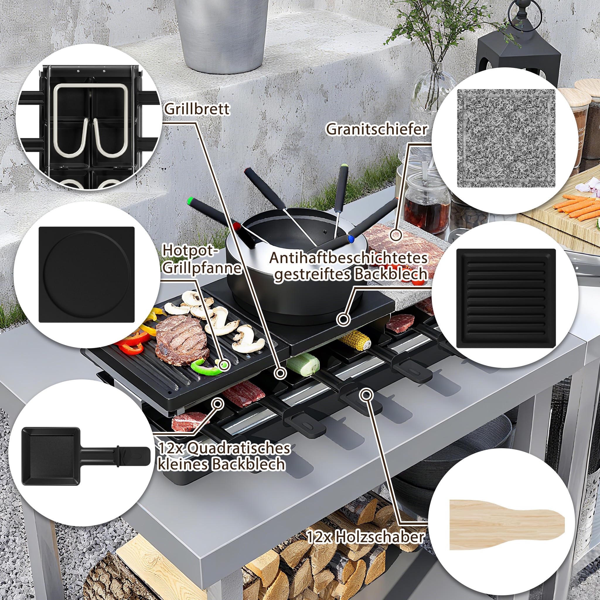 LZQ Raclette Grill mit Fondue für 12 Personen, 1650W, Doppel- und Dreifach-Heizstufen, Naturgrillstein & Antihaft-Grillplatte, Tischgrill mit 12 Pfännchen, Fondue-Set, Elektrischer Partygrill