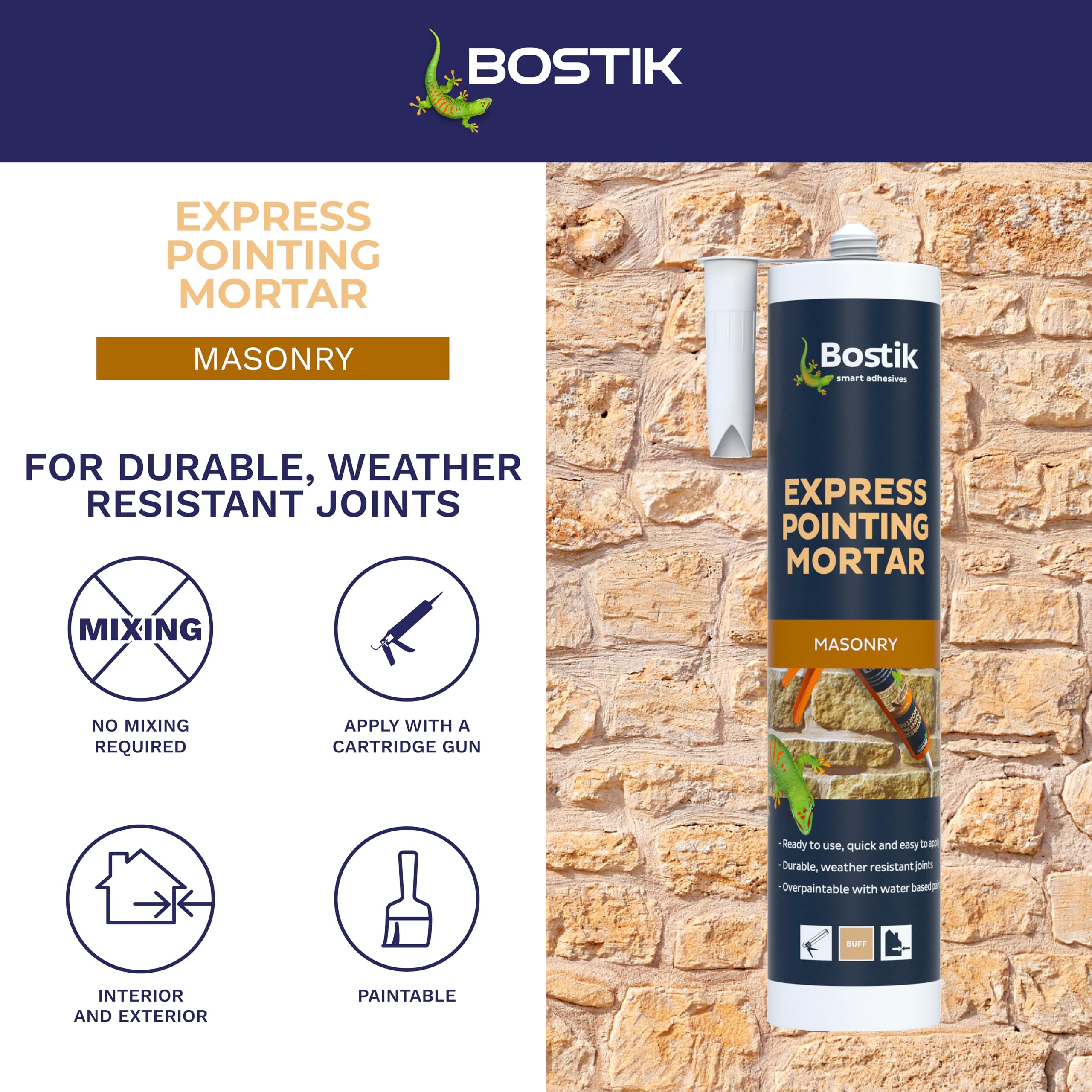 Bostik Express Pointing Mortar Buff - 310ml - Ready-to-Use - Brick & Masonry Joint Repair Sealant - Weather Resistant - Overpaintable - Image 3
