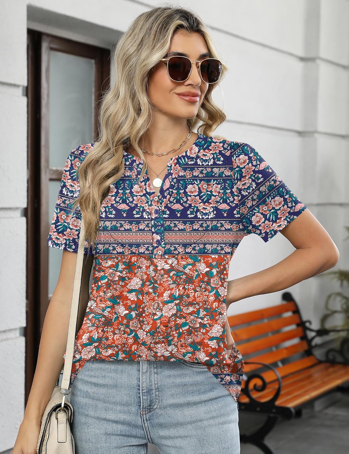 LOMON Womens Short Sleeve Tops Henley V-Neck T-Shirts Casual Pleated Blouses Dressy Loose Summer Clothes 2025 S-XXL - Image 5