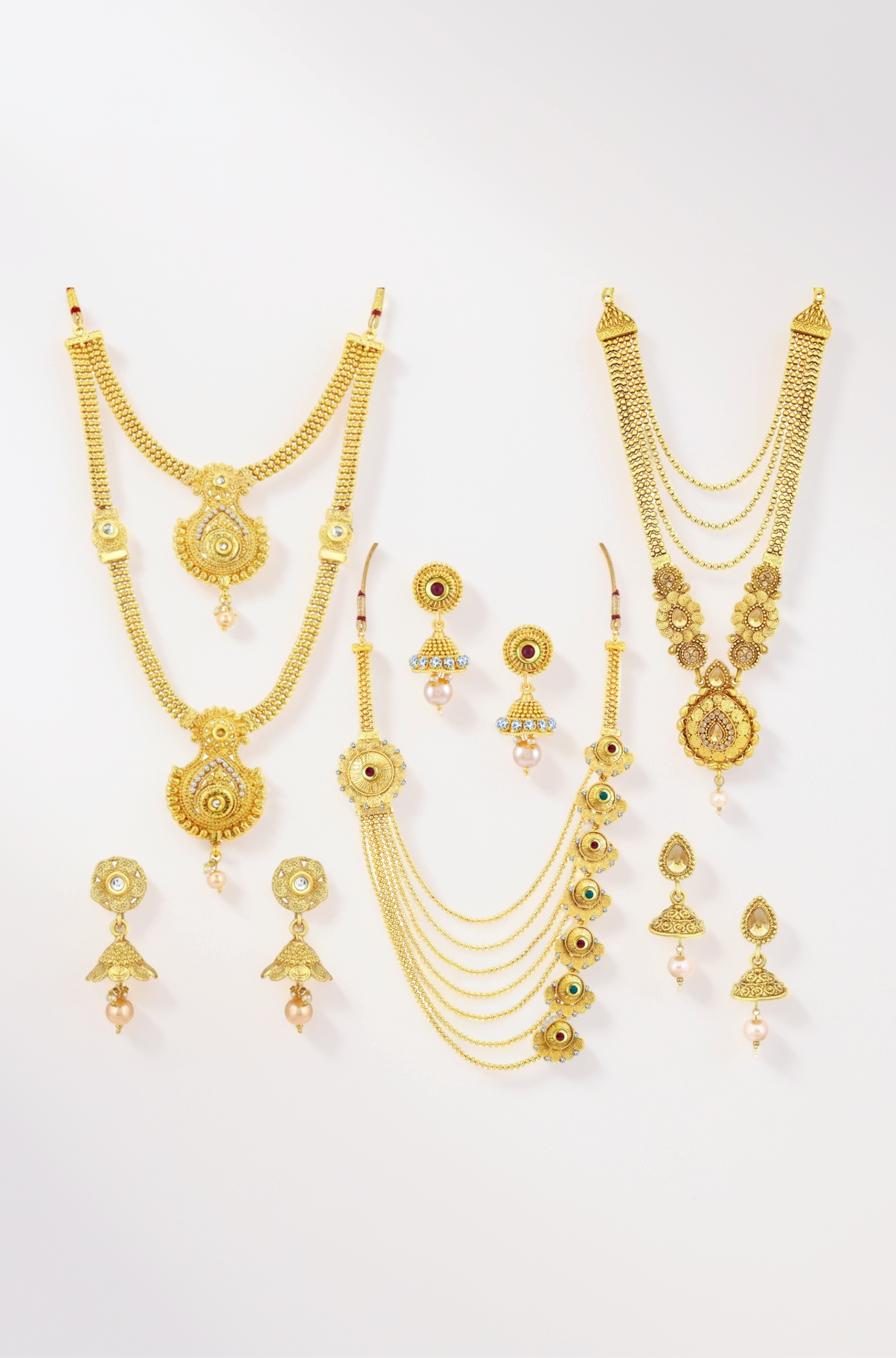Ethnic Gold Plated Kundan Multi-String Set of 3 Necklace with Jhumki Earrings Combo for Women & Girls (SKR48716)