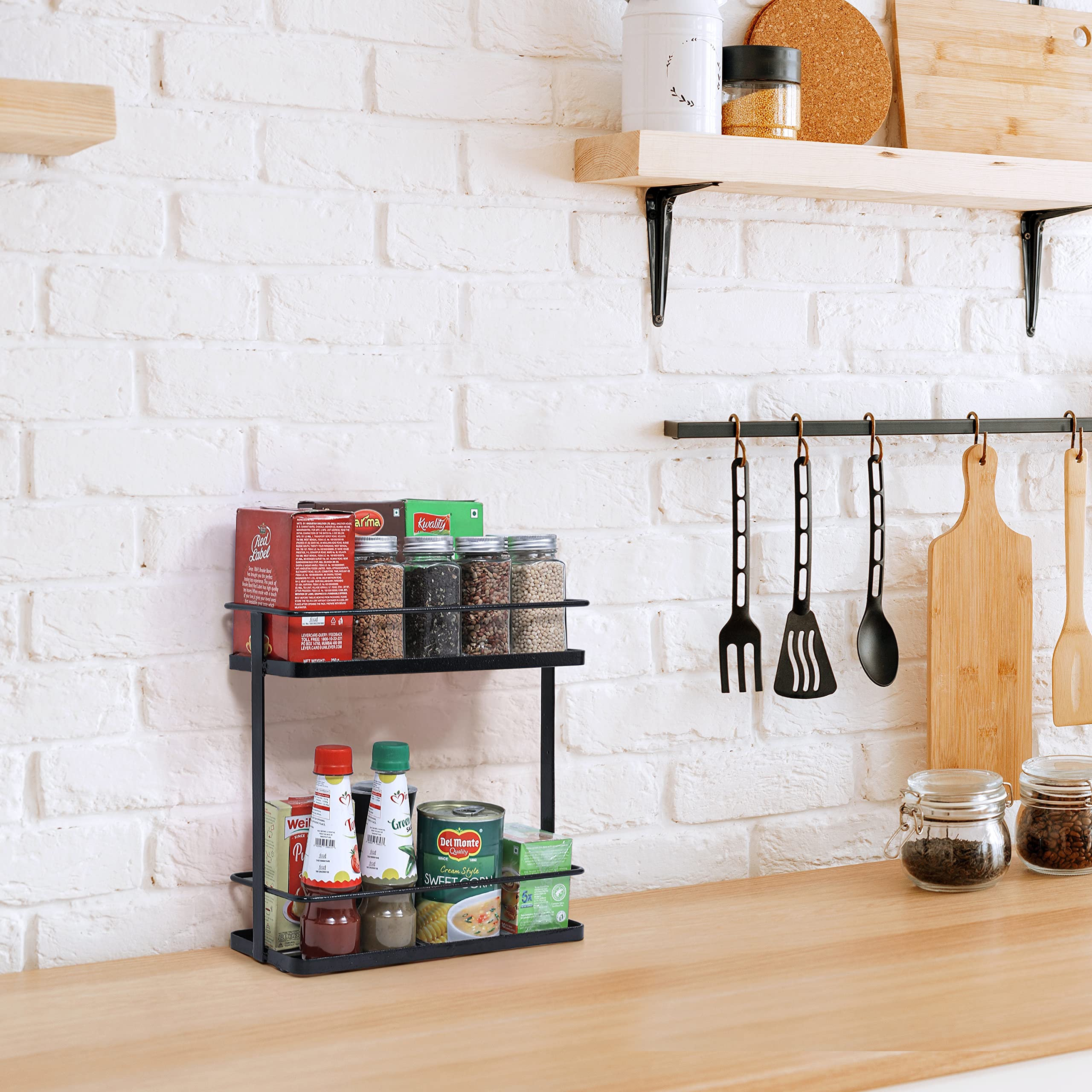 Livzing Metal 2 Tier Kitchen Countertop Organizer Rack-Multipurpose Spice Racks For Kitchen-Bathroom Standing Rack-Cabinet Storage Rack/Shelfs-Spice Holders For Pantry,Home–Black