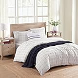 Full/Queen Duvet Cover Set, Luxuriously Soft Bedding with Match Shams, Button Closure, Textured Bed Essentials (Modern Windowpane Blue, Full/Queen)