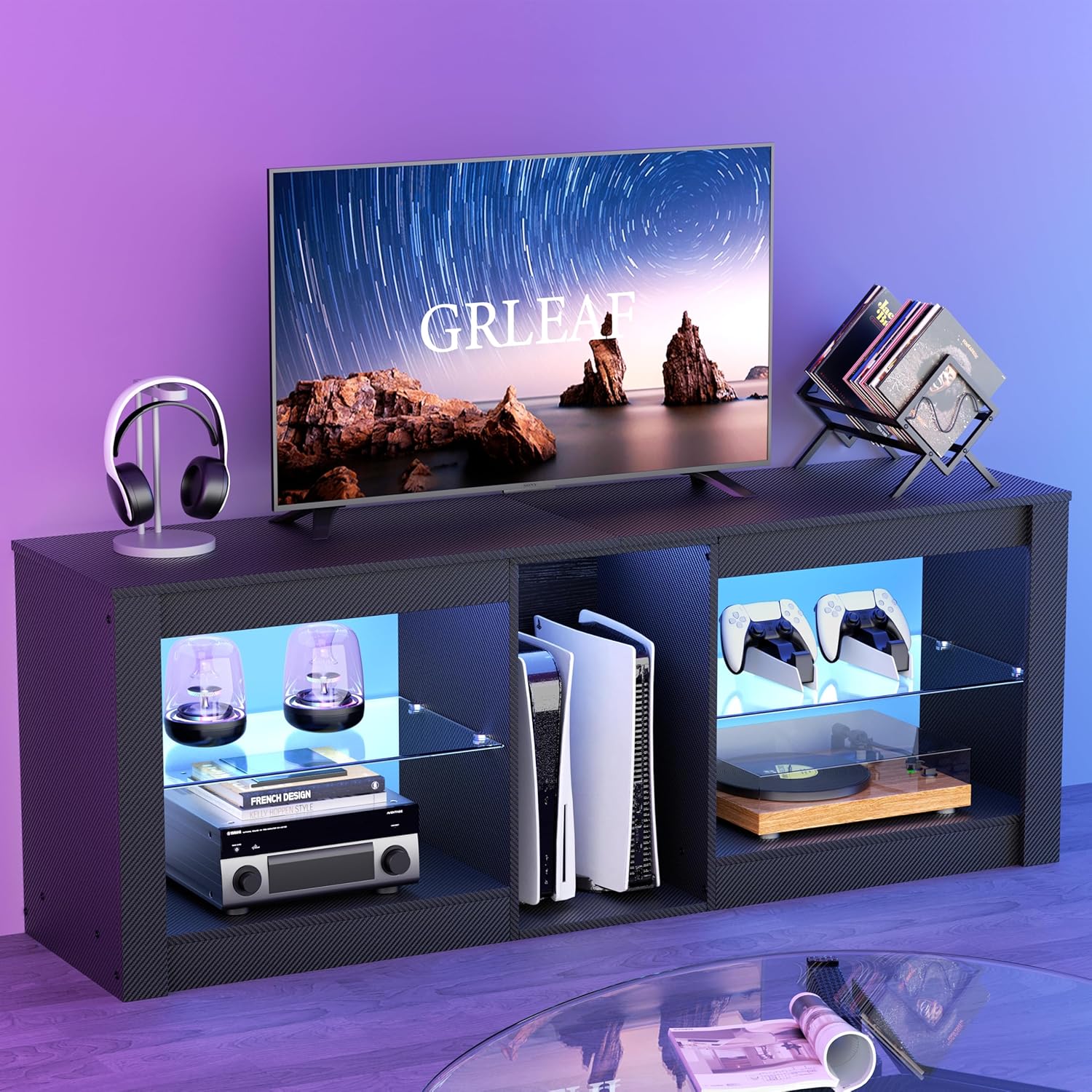 GRLEAF LED TV Stand for 50/55/60/65 Inch TV, Entertainment Center with Lights, Modern TV Console with Glass Shelves and Storage Cabinet, Media Center for Gaming Living Room Bedroom -Carbon Fiber Black - Image 9