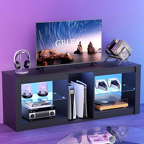 Miniatura 9 de GRLEAF Soporte de TV LED para TV de 50/55/60/65 pulgadas, centro de entretenimiento con luces, consola de TV moderna con estantes de vidrio