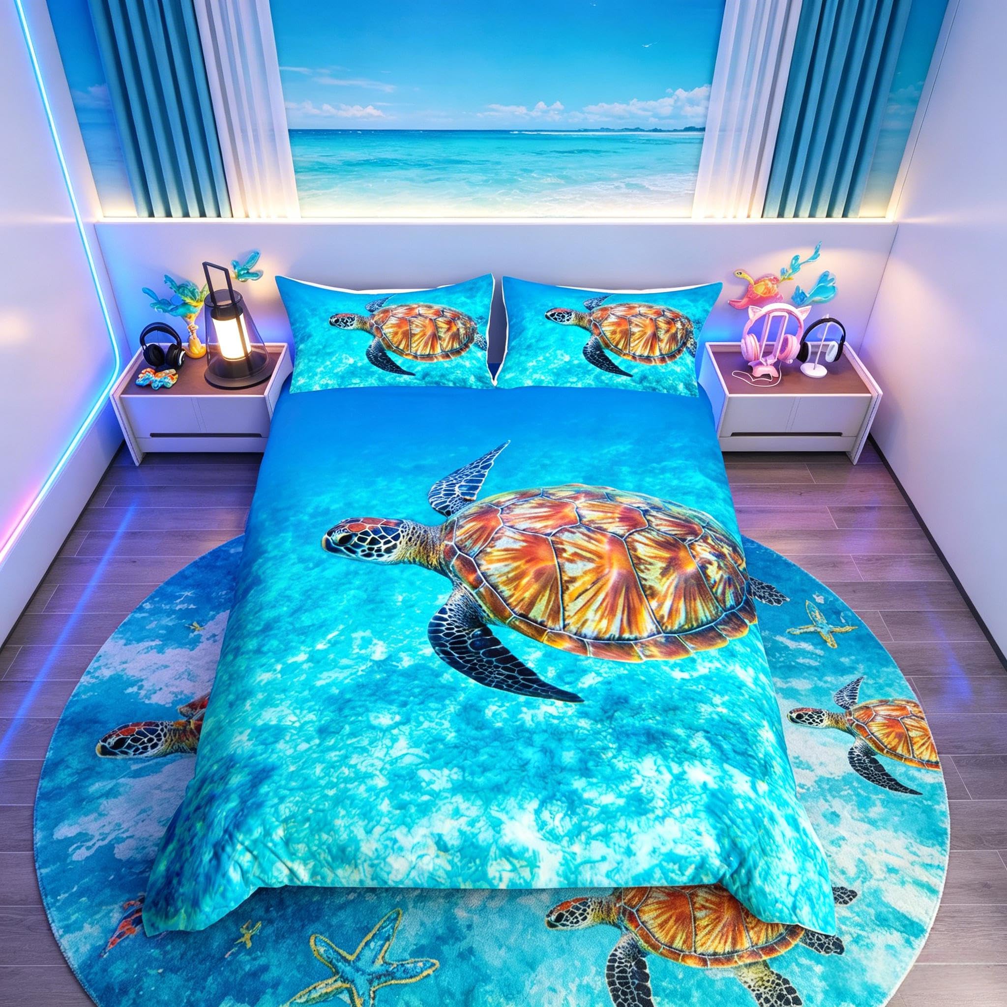 Dolphin Shark Bedding Set Beach Starfish Shell Pattern Bedding Set for Kids Boys Girls Ocean Animal Decor Duvet Cover Set Hawaiian Summer Beach Quilt Cover Bedroom Collection Super King Size