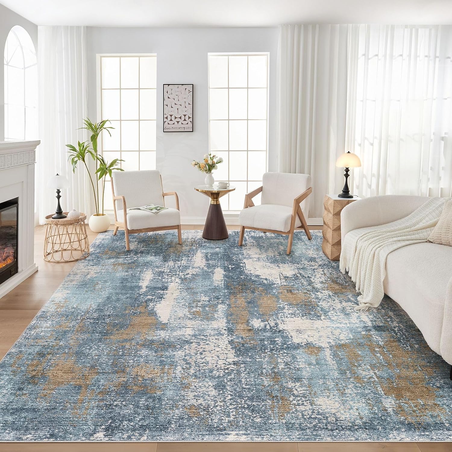 Area Rug Living Room Rugs - 8x10 Washable Large Soft Indoor Neutral Modern Abstract Low Pile Rug Carpet for Bedroom Dining Room Farmhouse Home Office - Blue Brown