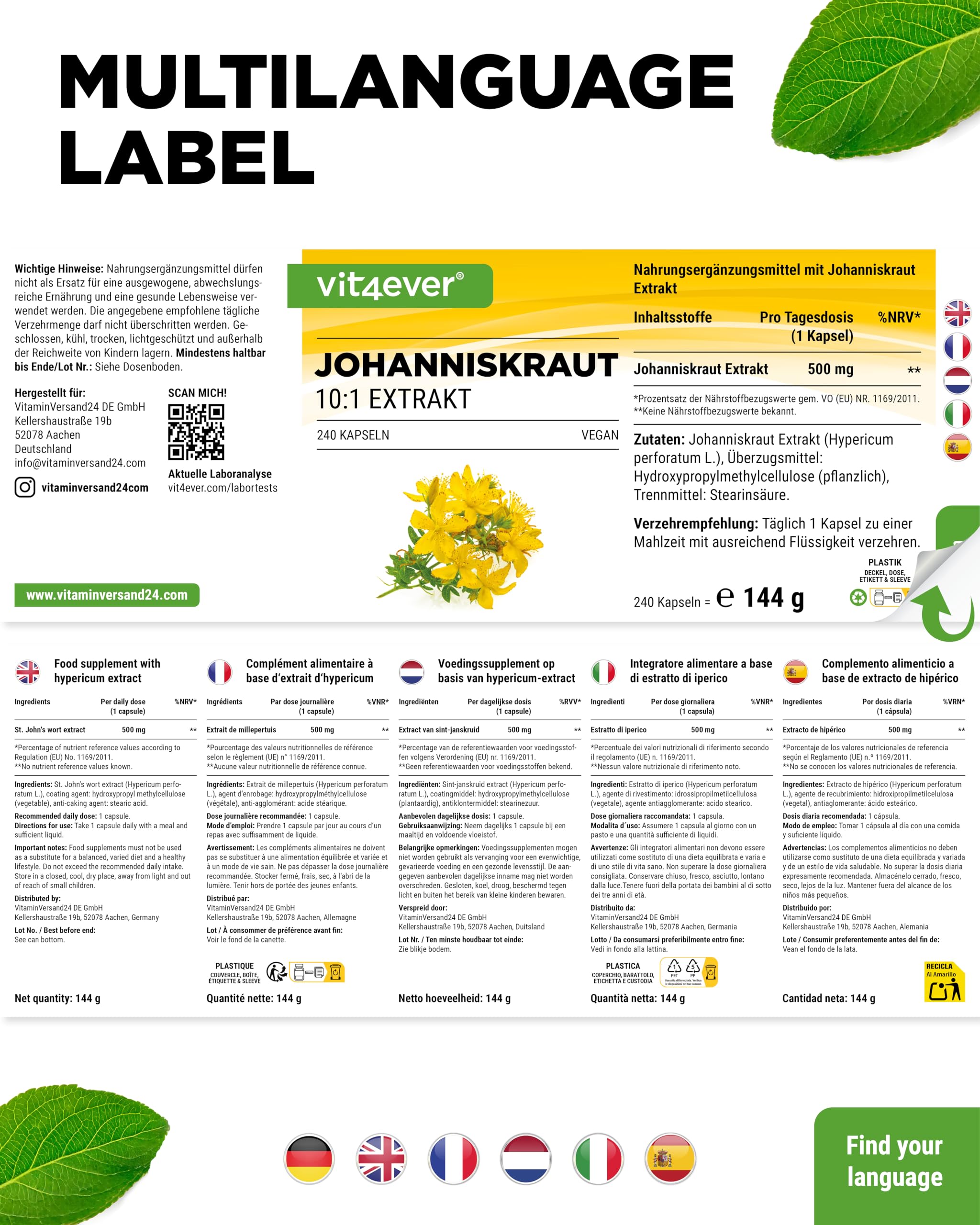 vit4ever Johanniskraut - 240 Kapseln - 500 mg Extrakt - 10:1 | entspricht 5000 mg Johanniskraut, 8-Monatsvorrat, hochdosiert, vegan