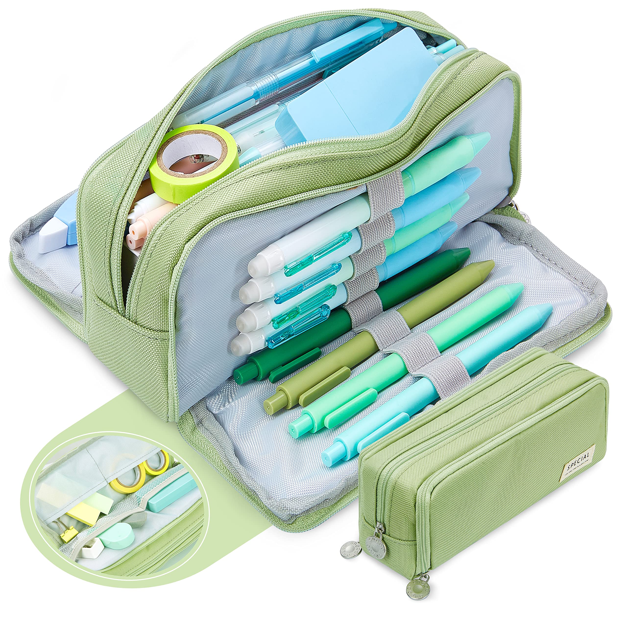 KUNQUN Large Pencil Case, Big Capacity Pencil Bag with 3 Compartment, Portable Office Stationery Makeup Organizer Bag Pouch Cute Pencil Case for Boy Girl School Teen (Green)