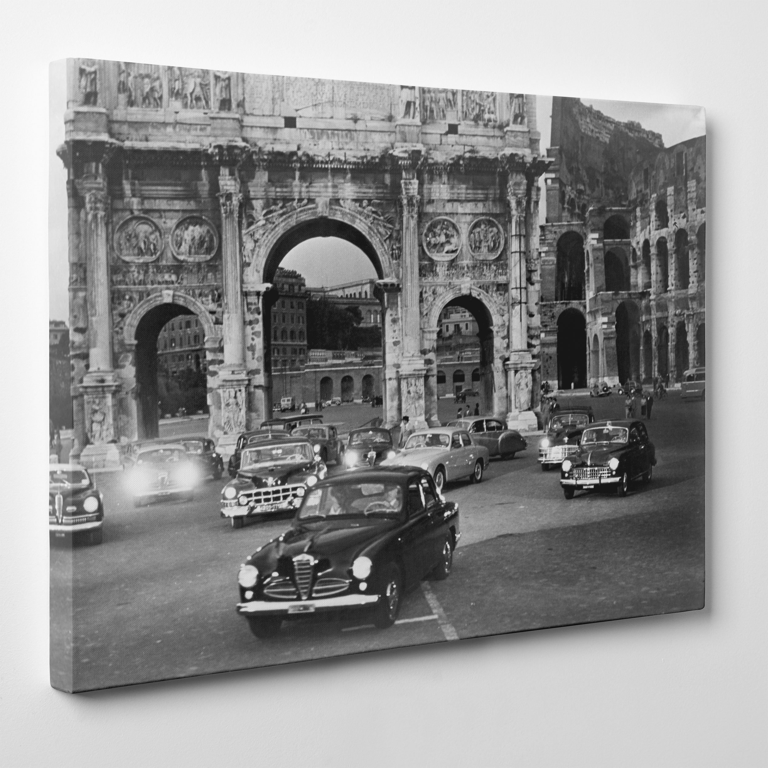 Leinwand modernen Malerei – Roman Holiday Italien – VACANZE Romane Vintage Rom schwarz und weiß – Gregory Peck Audrey Hepburn – Autos – (Cod. 108), Dicke: 4 cm (Galerie), schwarz / weiß, Size: 28x40 inch