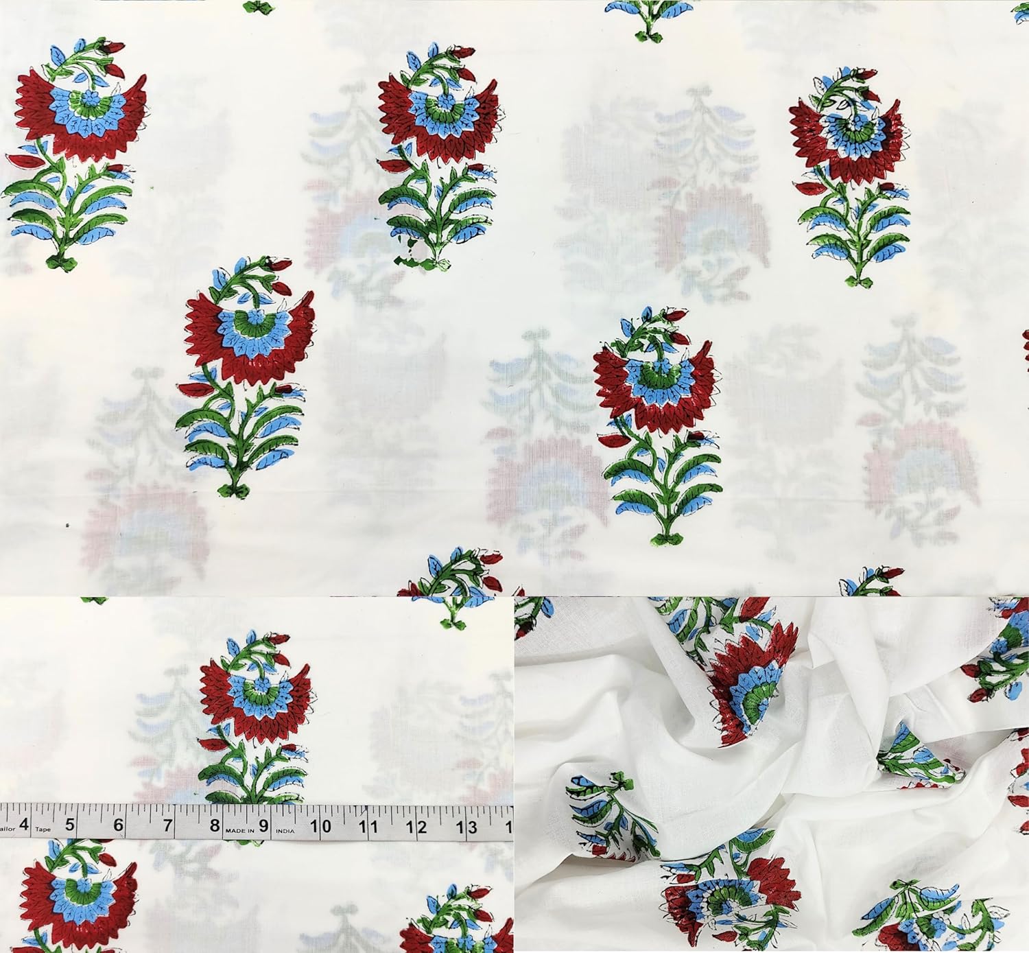Indian Hand Block Print 60/60 100% Cotton Fabric by The Yard, Lightweight Floral Quilting & Sewing Fabric for Dressmaking, Upholstery & DIY Craft (RB-134 White, 5 Yard Pre Cut)