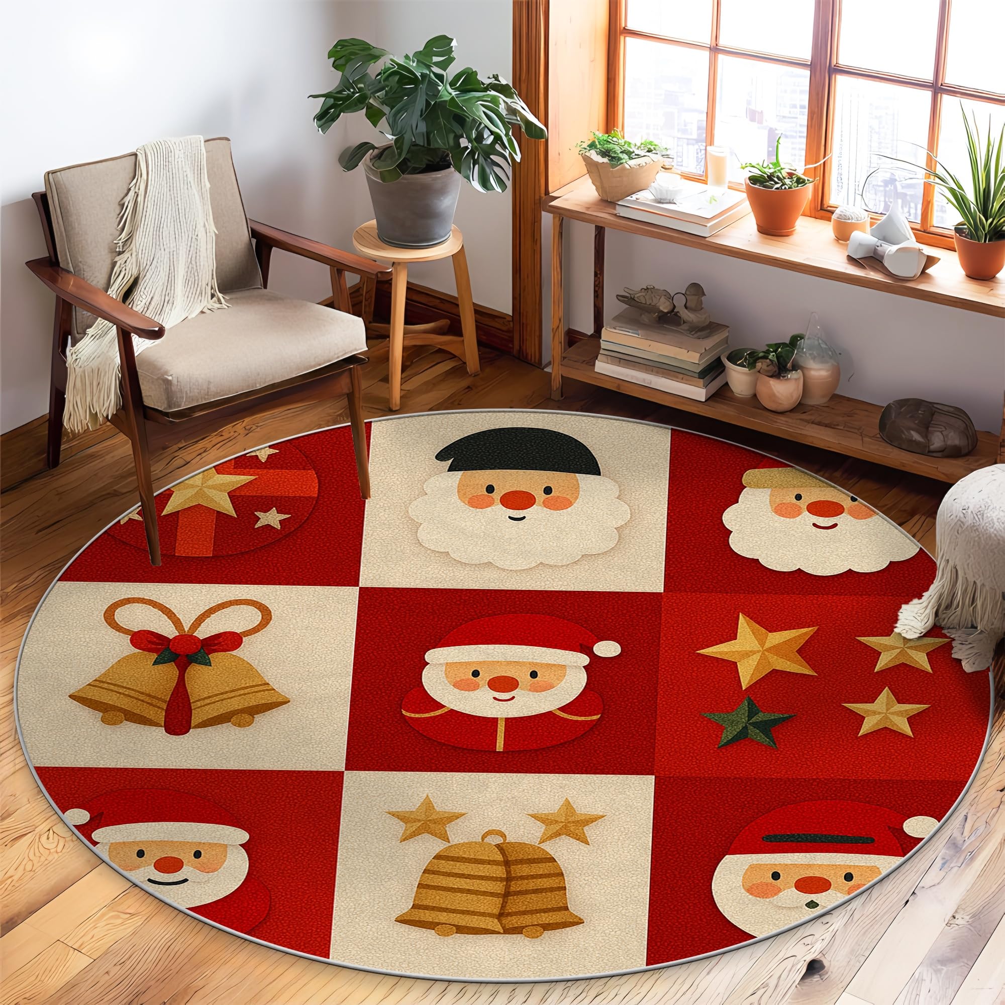 Tapis rond doux résistant aux taches avec motifs étoile et Père Noël
